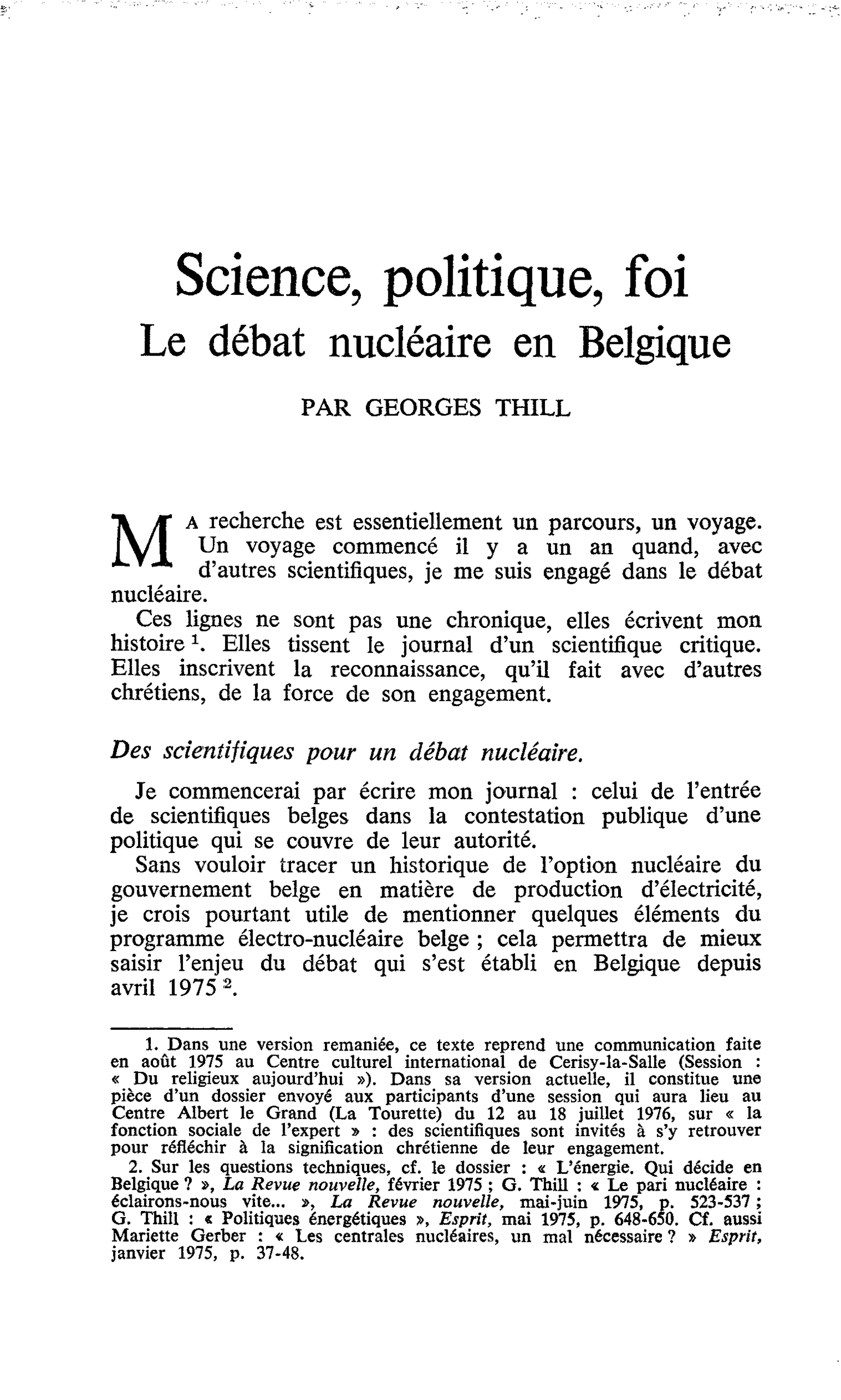 Science, politique, foi. Le débat nucléaire en Belgique