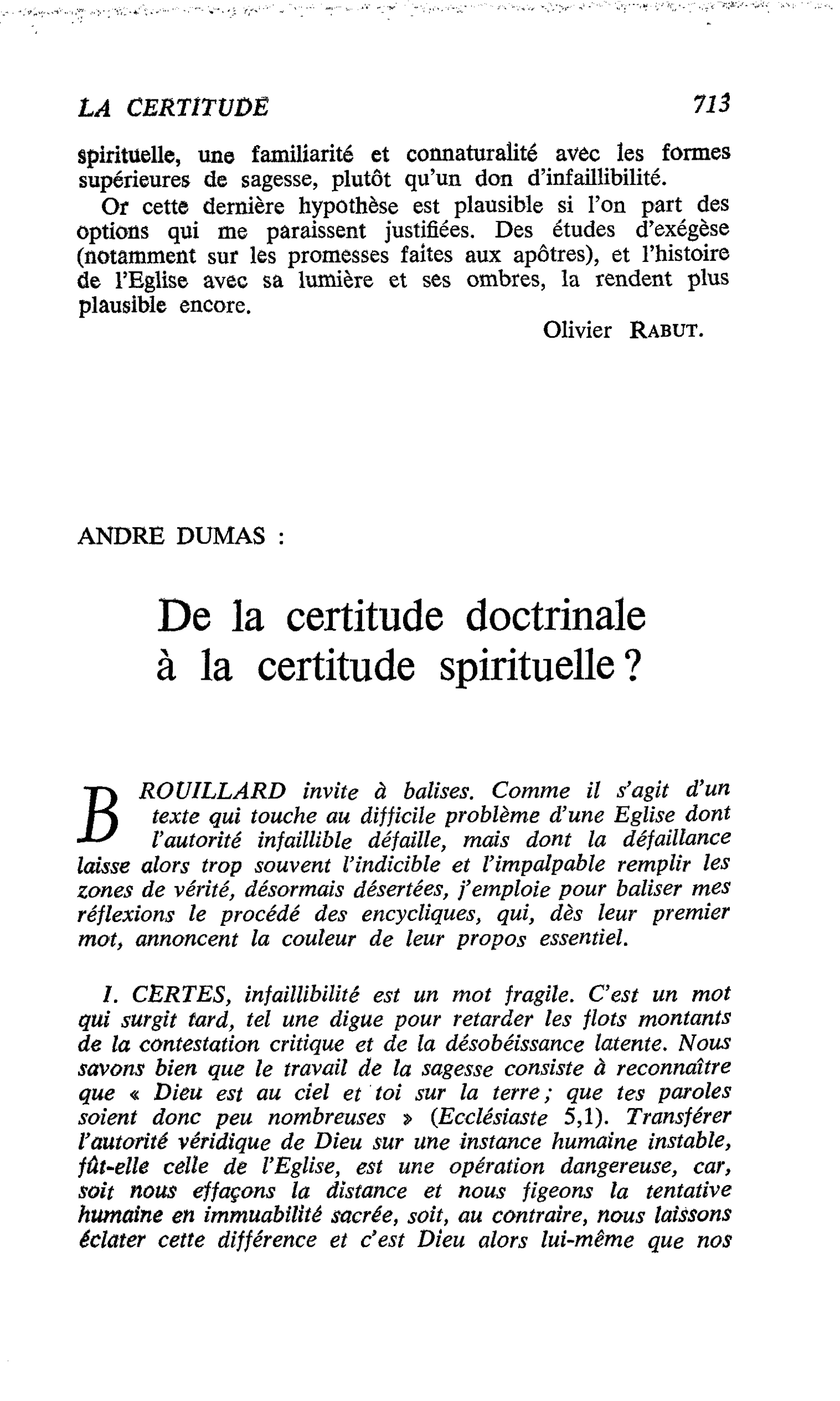 De la certitude doctrinale à la certitude spirituelle ?