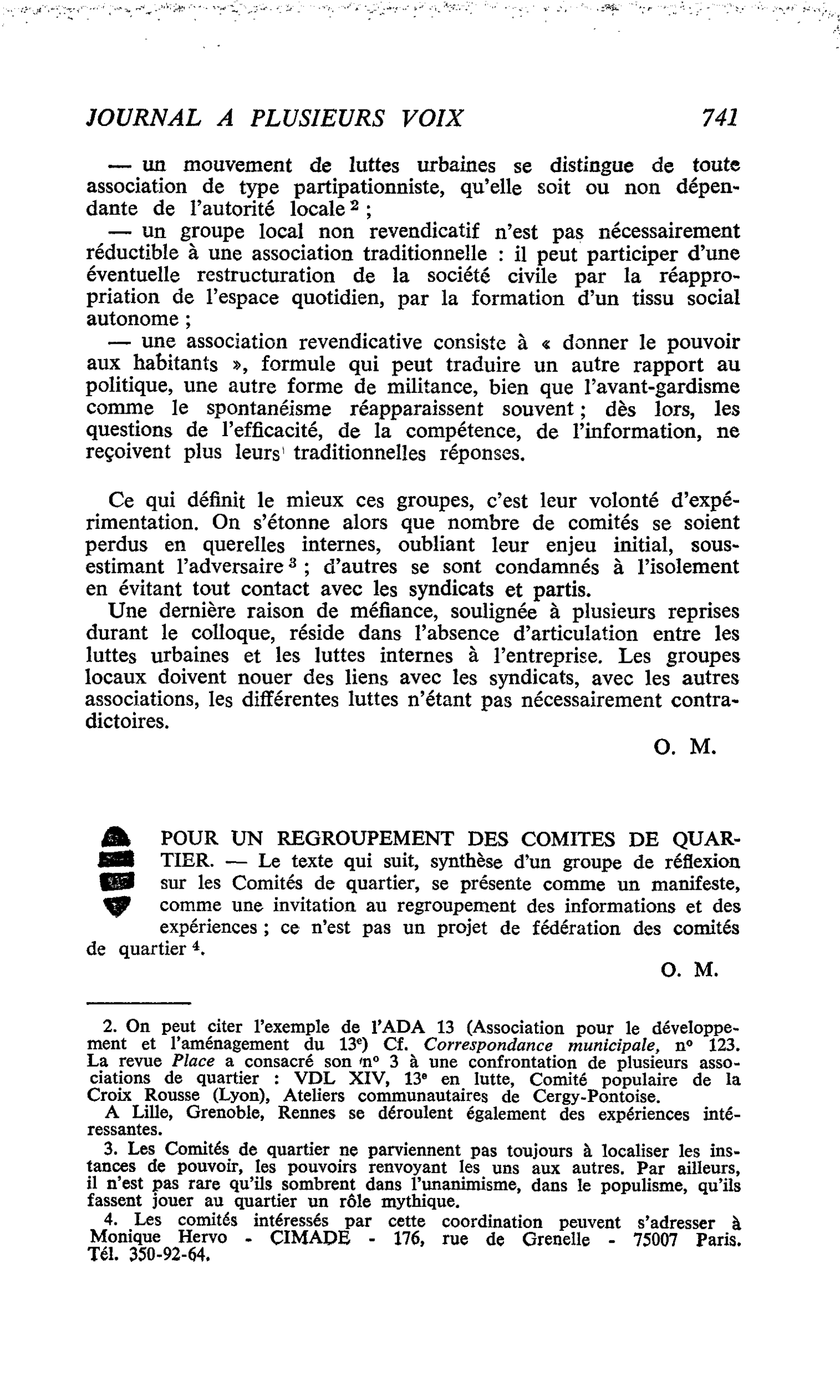 POUR UN REGROUPEMENT DES COMITES DE QUARTIER