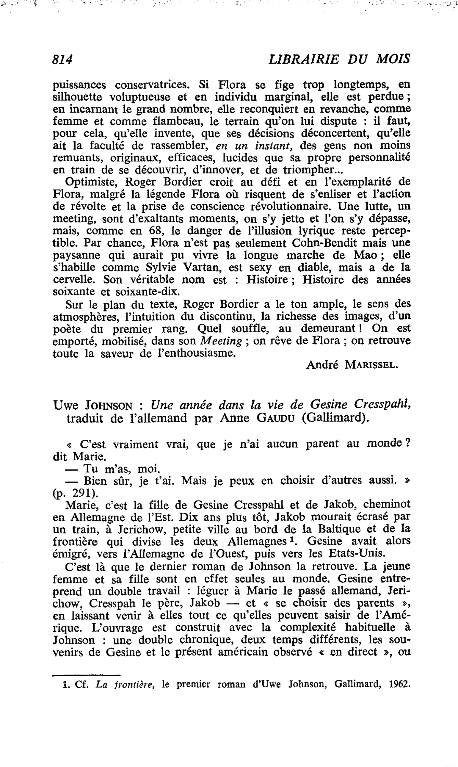 Uwe Johnson : Une année dans la vie de Gesine Cresspahl