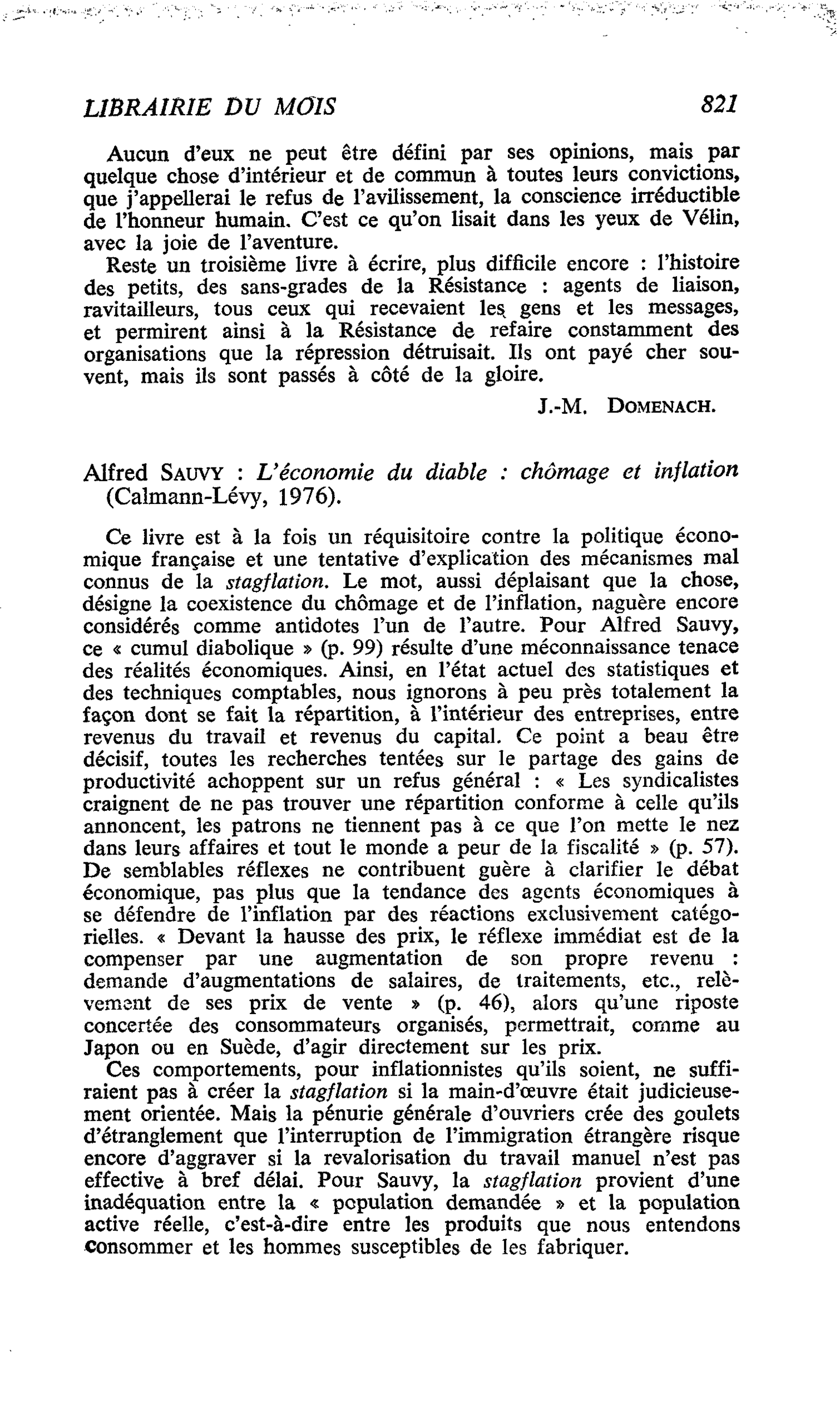 Alfred Sauvy : L’économie du diable : chômage et inflation