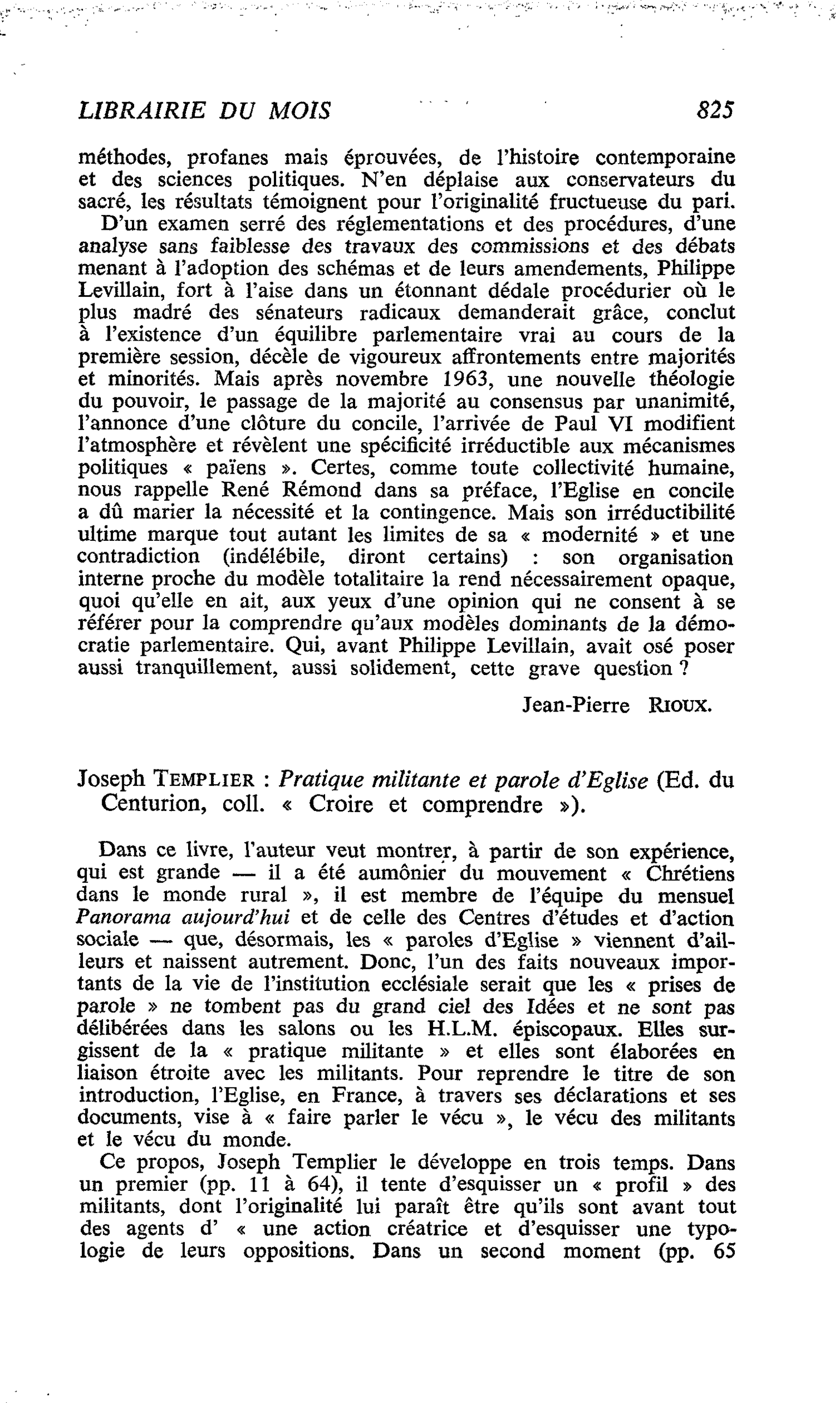 Joseph Templier : Pratique militante et parole d’Eglise