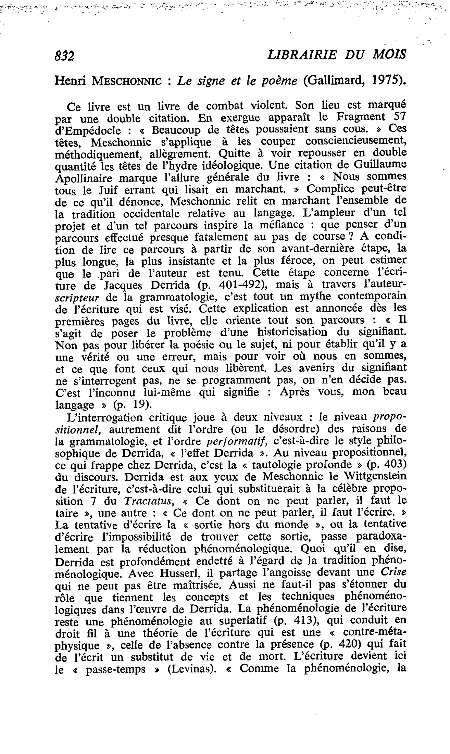 Henri Meschonnic : Le signe et le poème