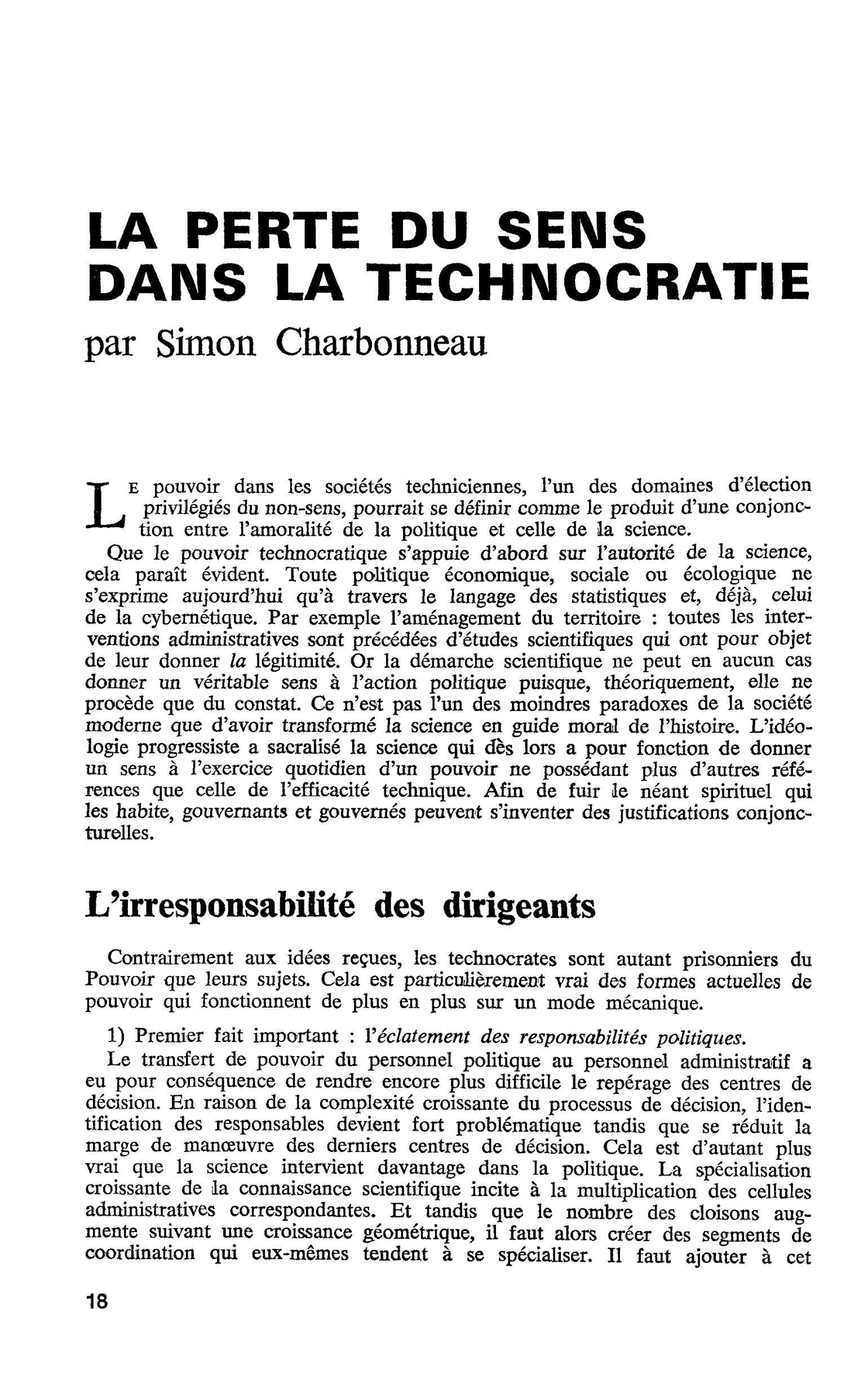 LA PERTE DU SENS DANS LA TECHNOCRATIE