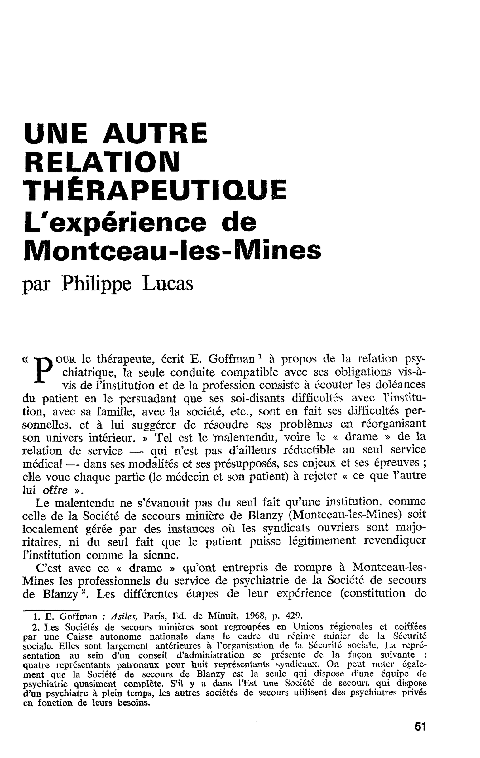 UNE AUTRE RELATION THÉRAPEUTIQUE. L’expérience de Montceau-les-Mines