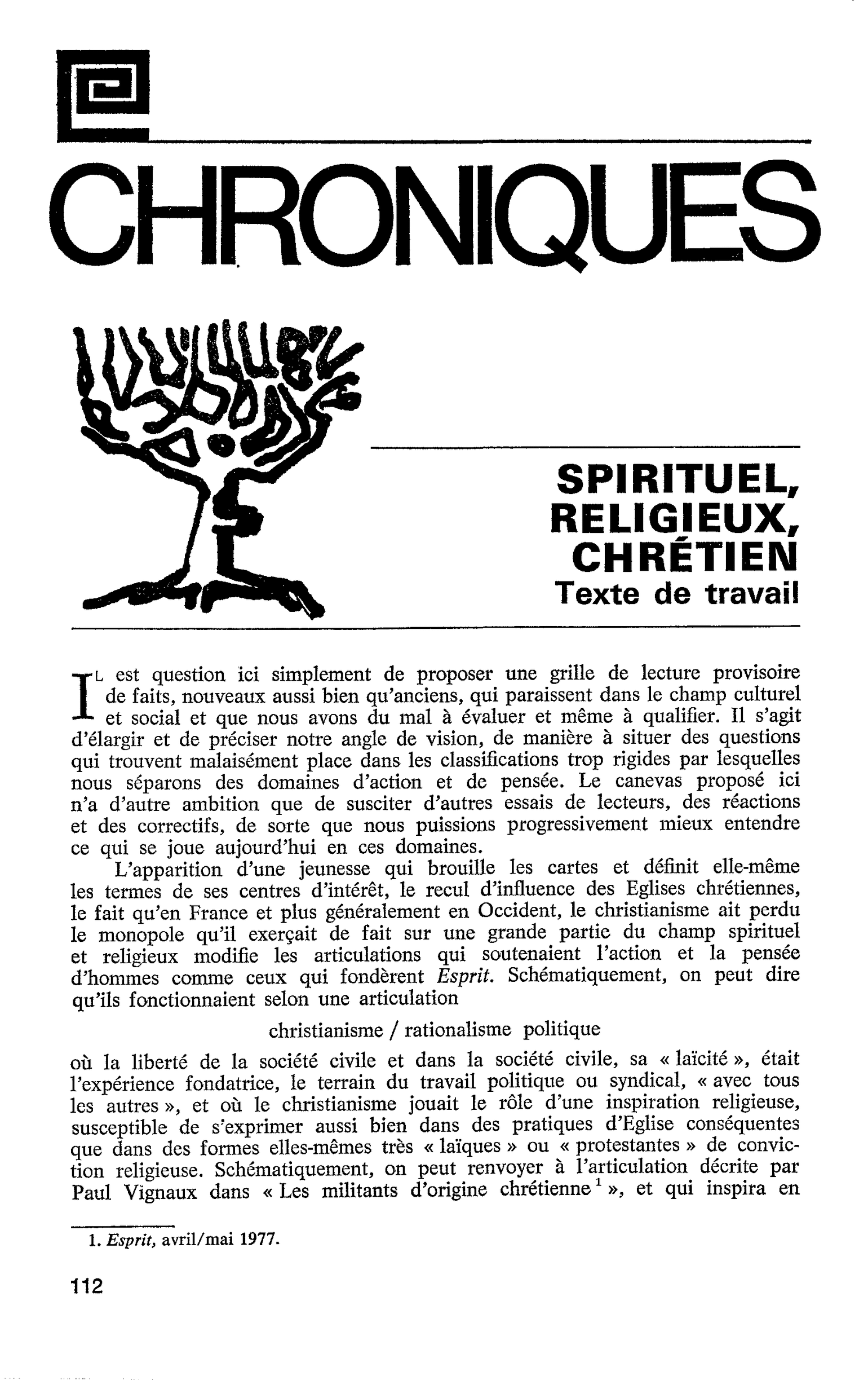 Spirituel, religieux, chrétien. Texte de travail