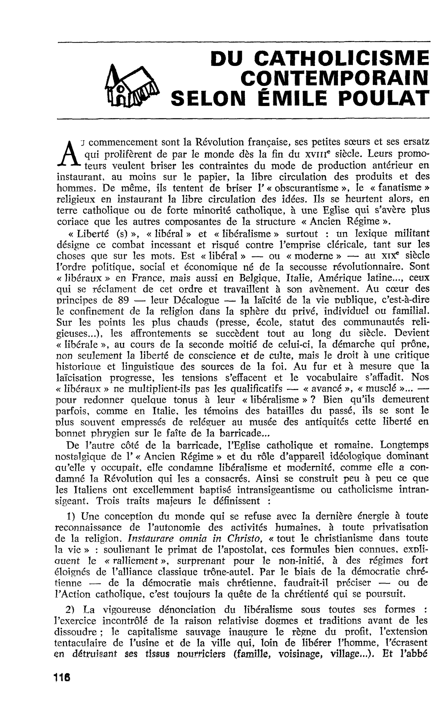 DU CATHOLICISME CONTEMPORAIN SELON ÉMILE POULAT