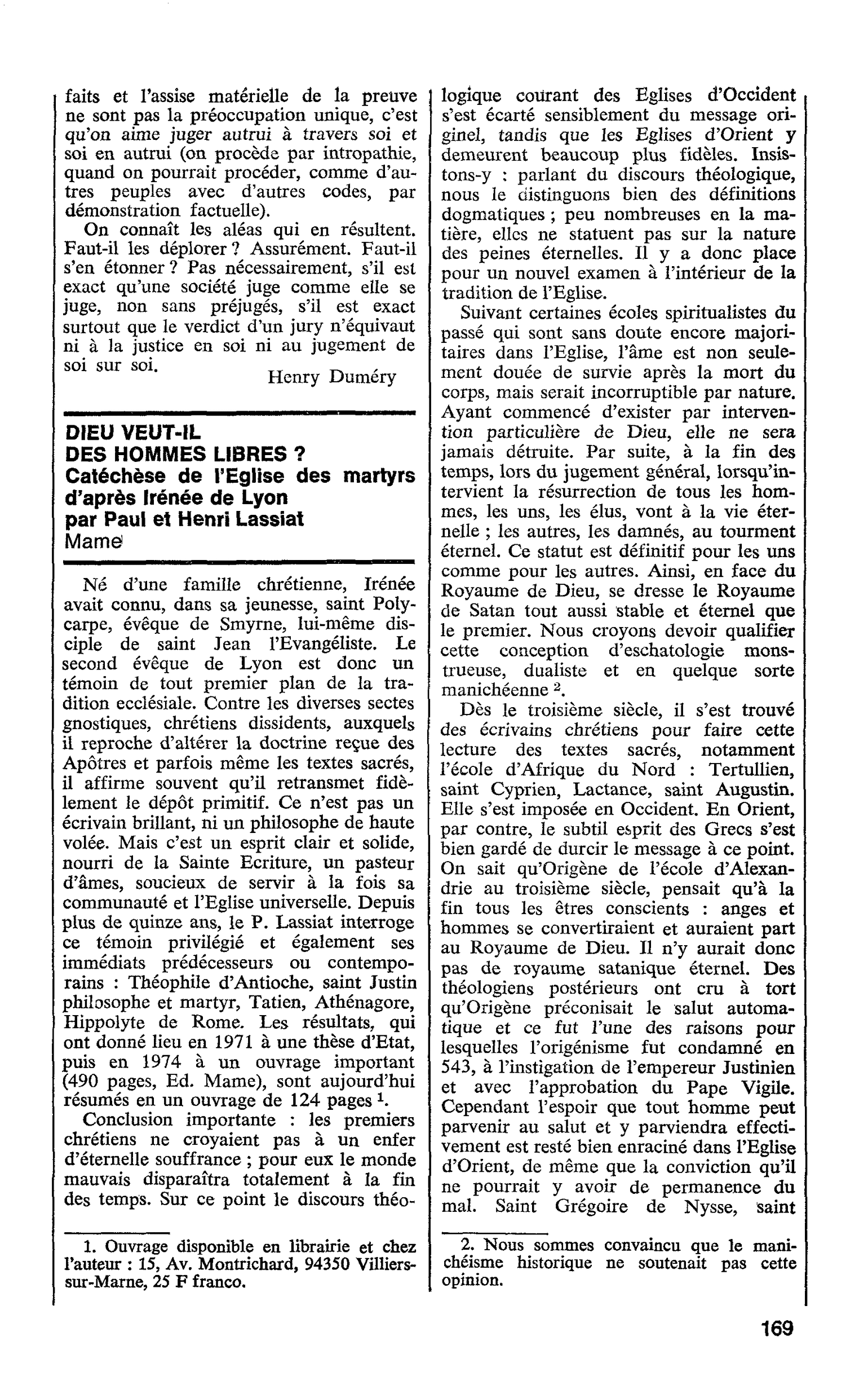 DIEU VEUT-IL DES HOMMES LIBRES ? Catéchèse de l’Eglise des martyrs d’après Irénée de Lyon par Paul et Henri Lassiat