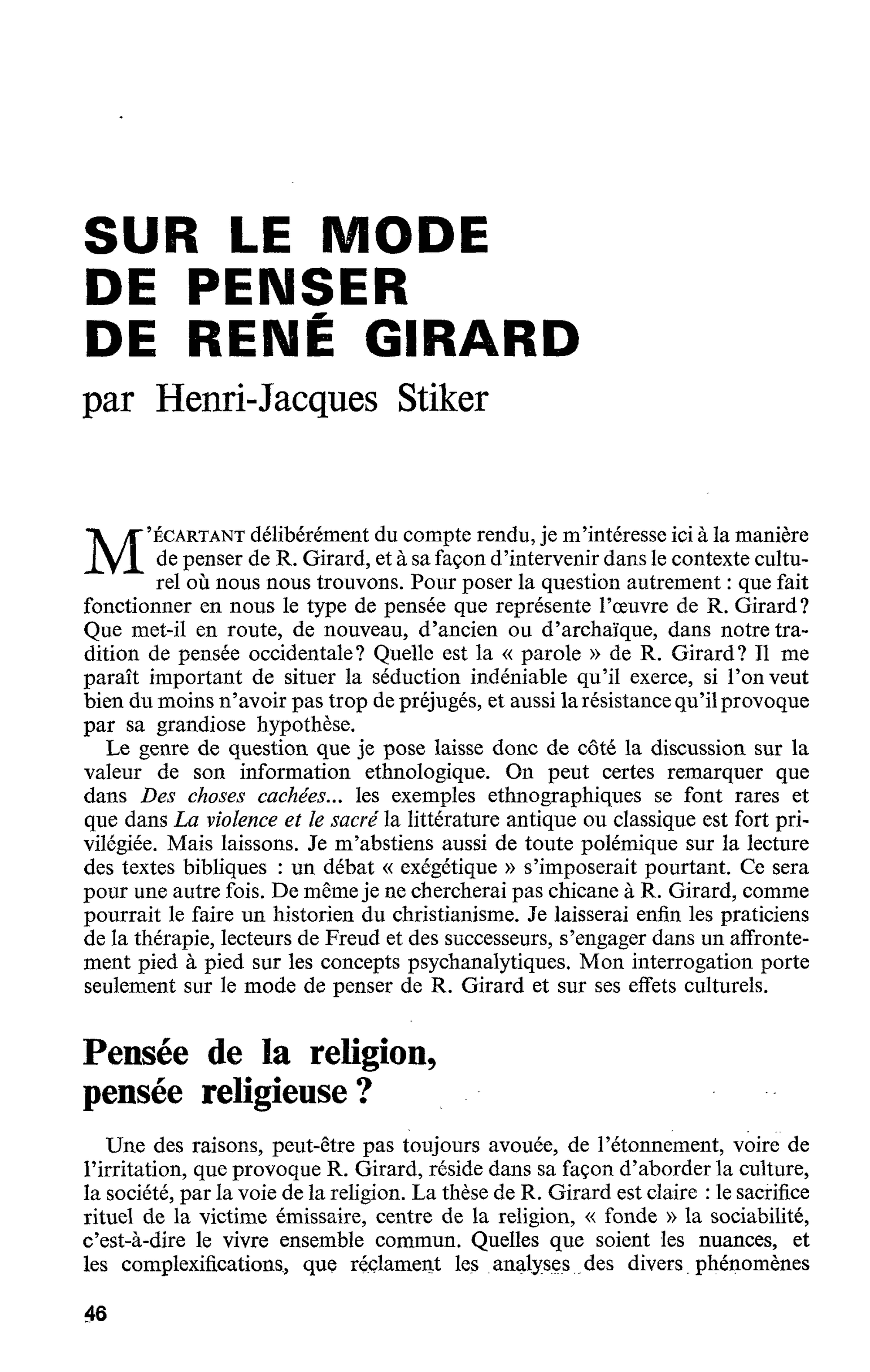 SUR LE MODE DE PENSER DE RENÉ GIRARD