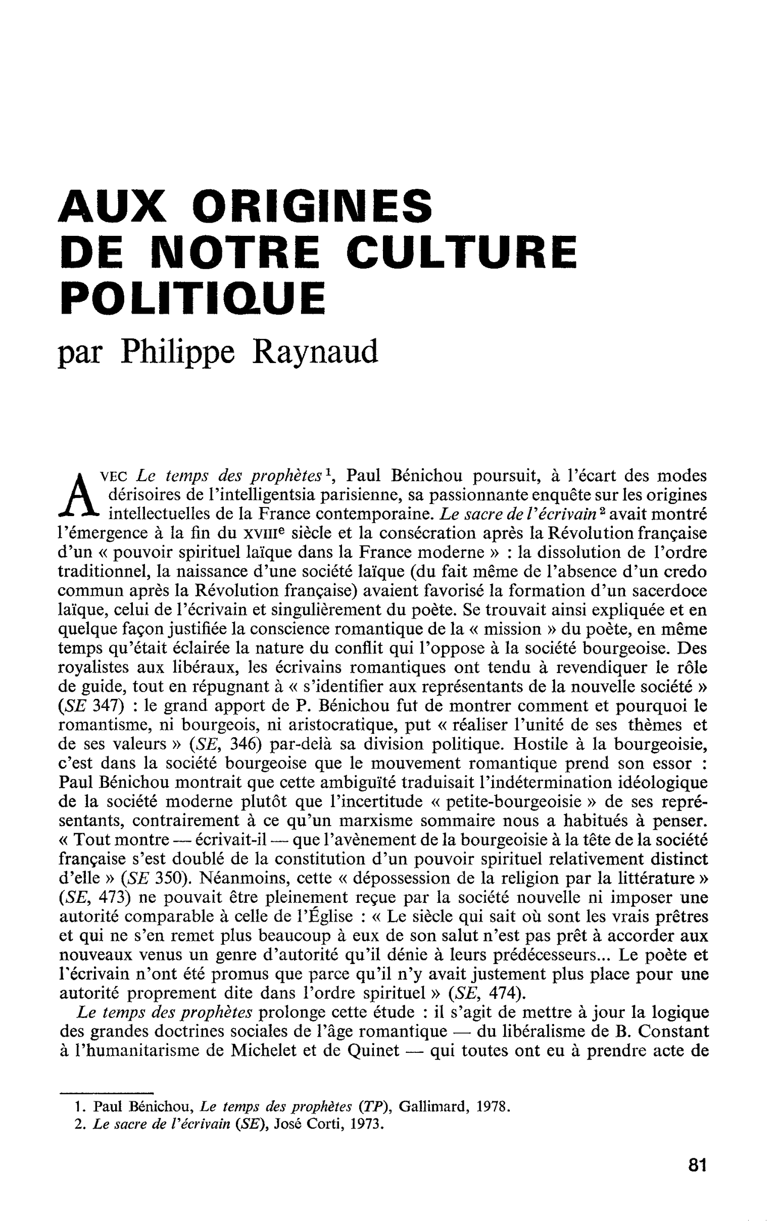 AUX ORIGINES DE NOTRE CULTURE POLITIQUE