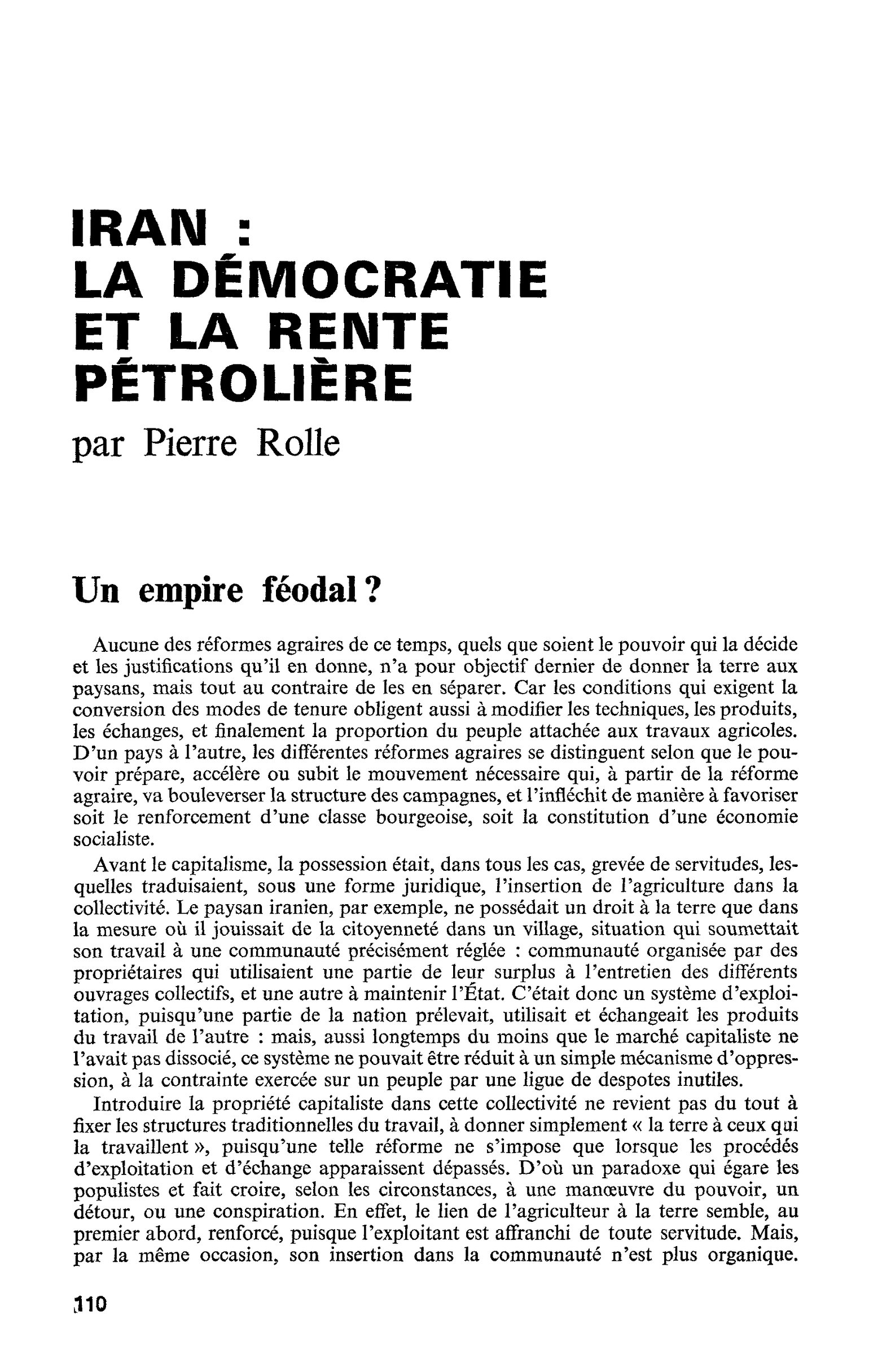IRAN : LA DÉMOCRATIE ET LA RENTE PÉTROLIÈRE