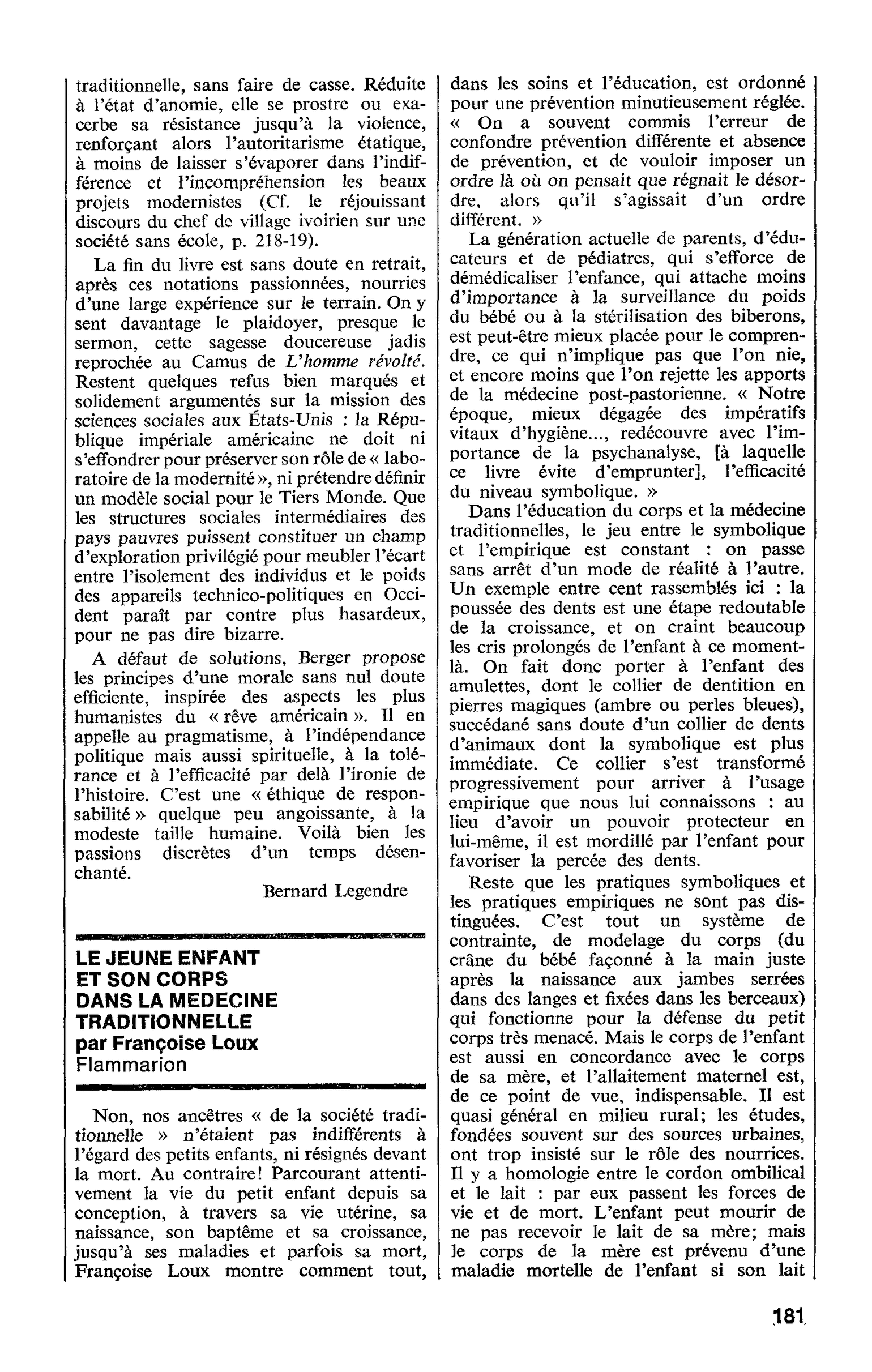 LE JEUNE ENFANT ET SON CORPS DANS LA MEDECINE TRADITIONNELLE par Françoise Loux