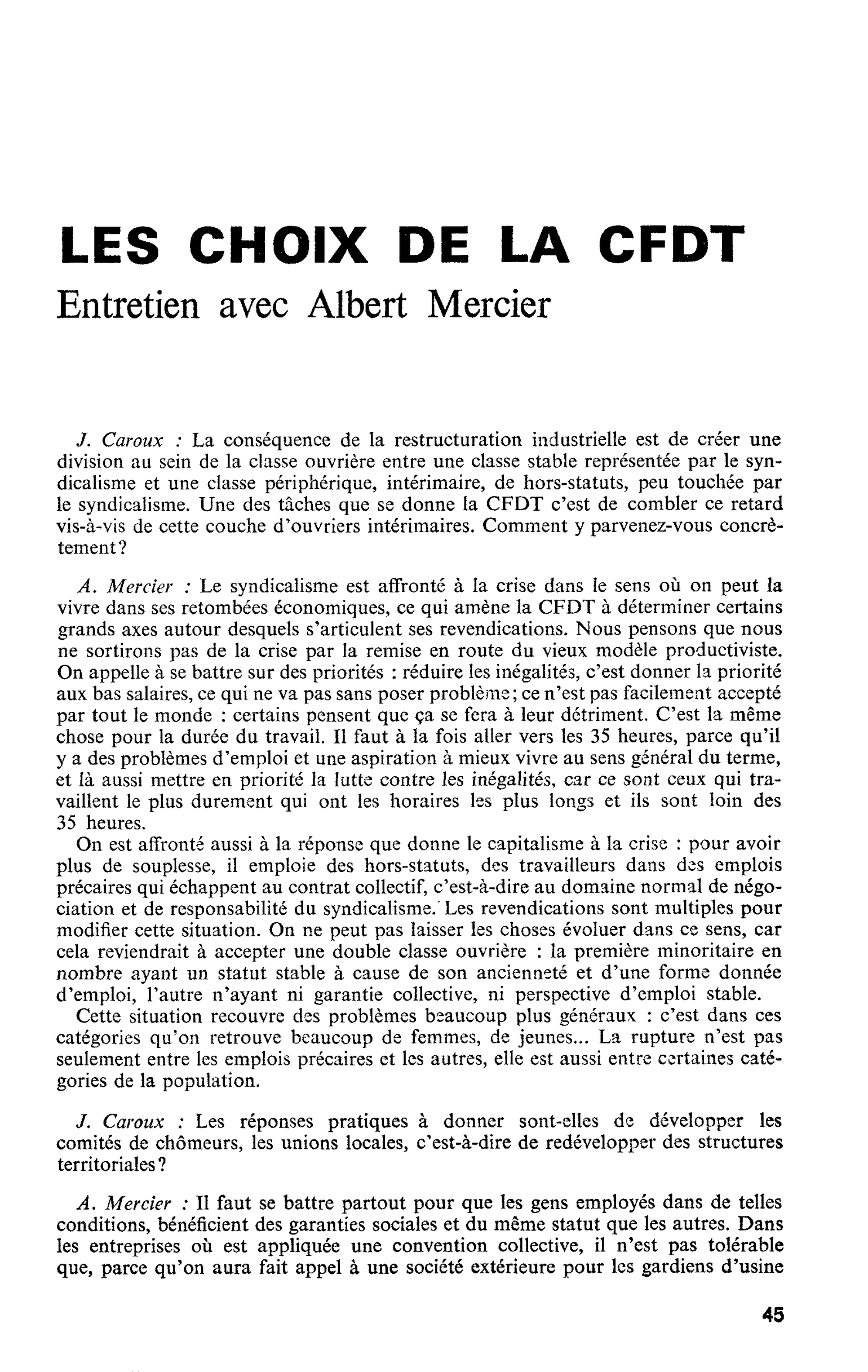LES CHOIX DE LA CFDT. Entretien avec Albert Mercier