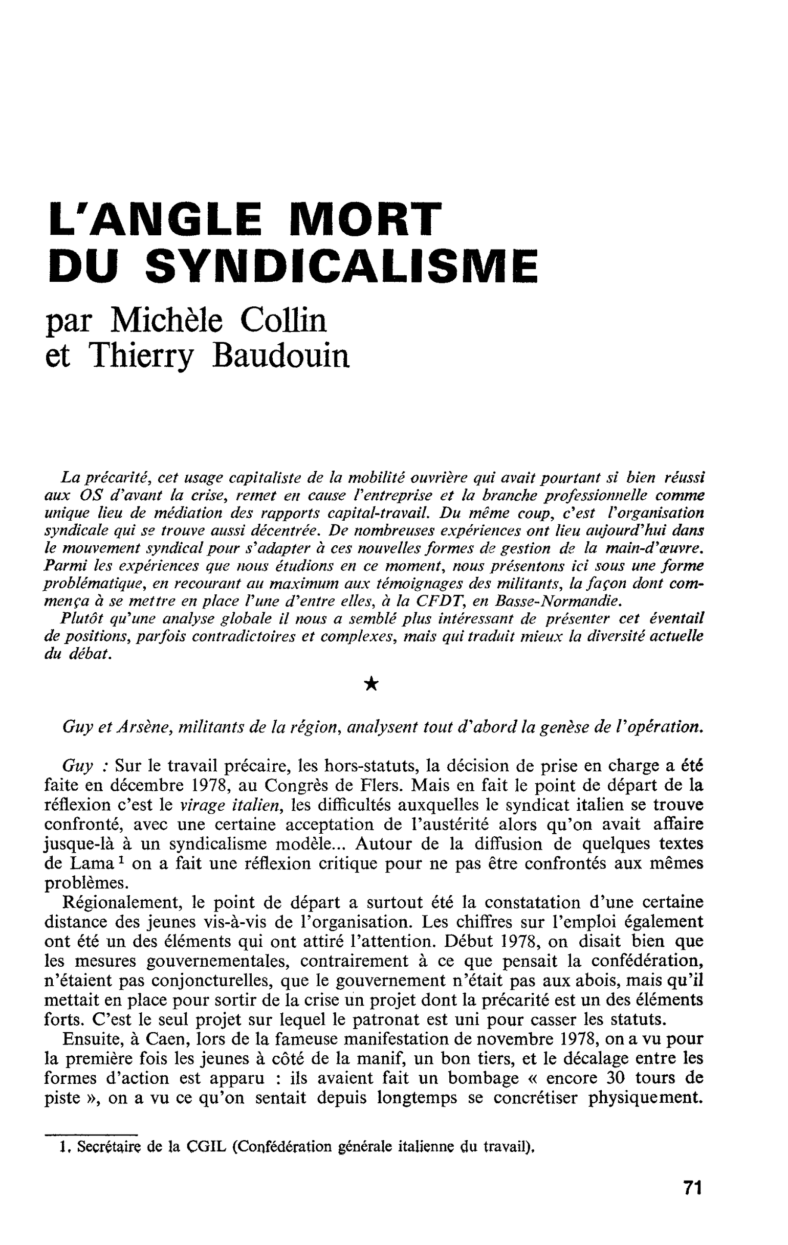 L’ANGLE MORT DU SYNDICALISME