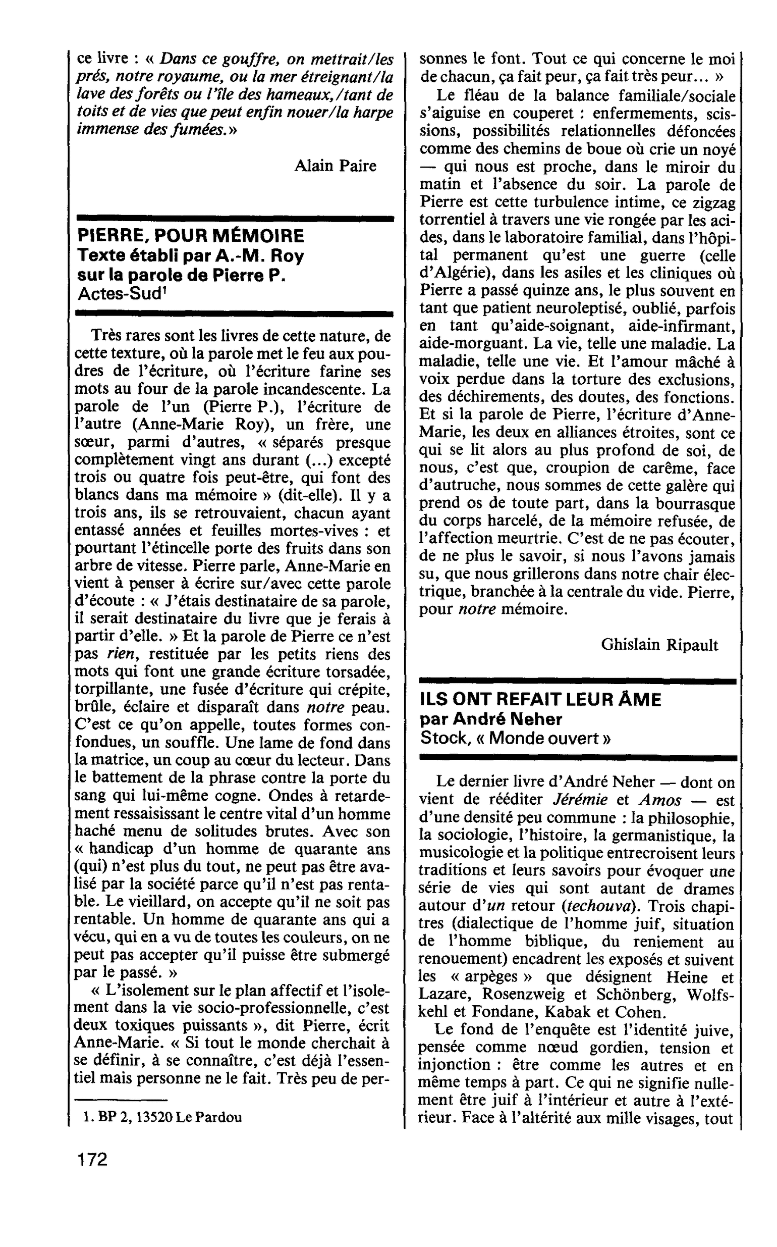 PIERRE, POUR MÉMOIRE. Texte établi par A.-M. Roy sur la parole de Pierre P.