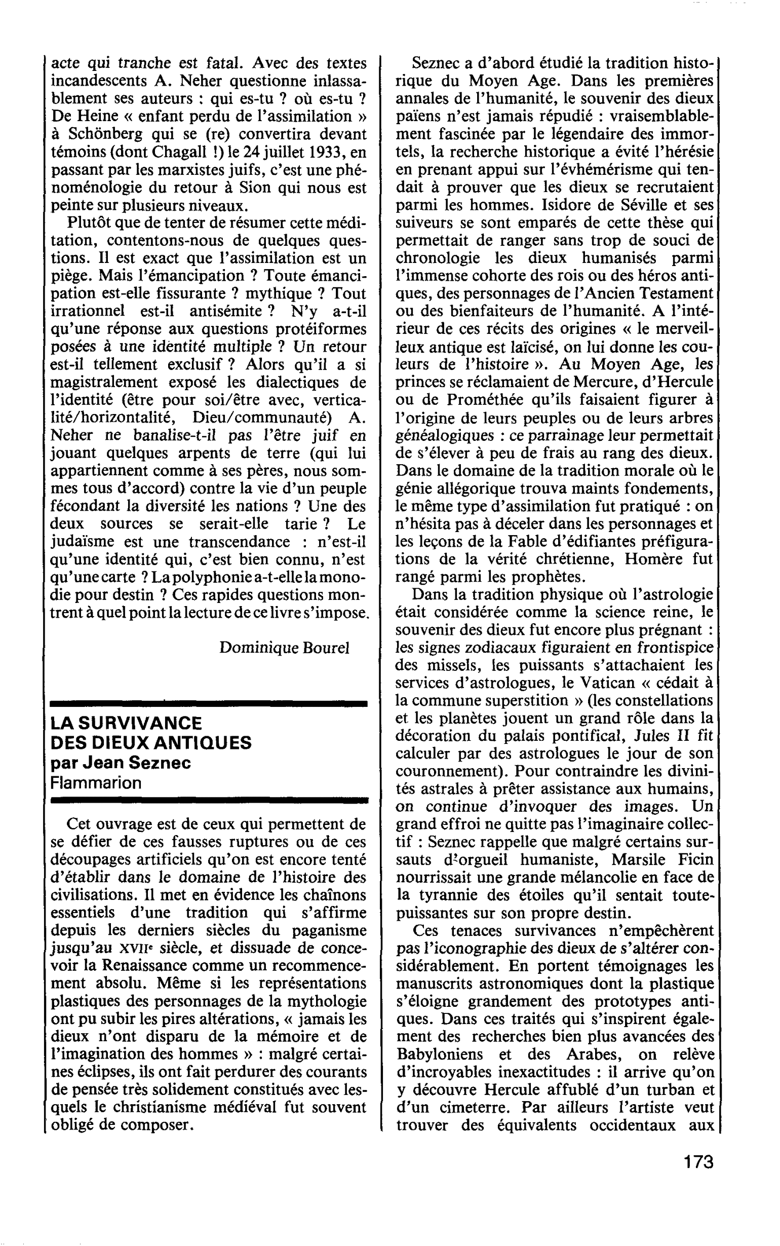 LA SURVIVANCE DES DIEUX ANTIQUES par Jean Seznec