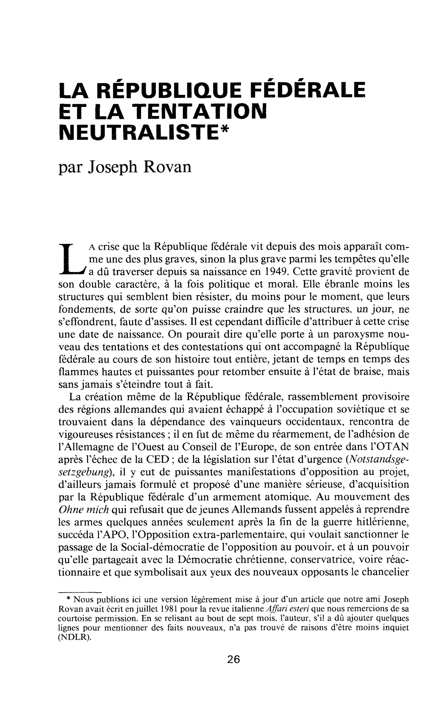 La République Fédérale et la tentation neutraliste