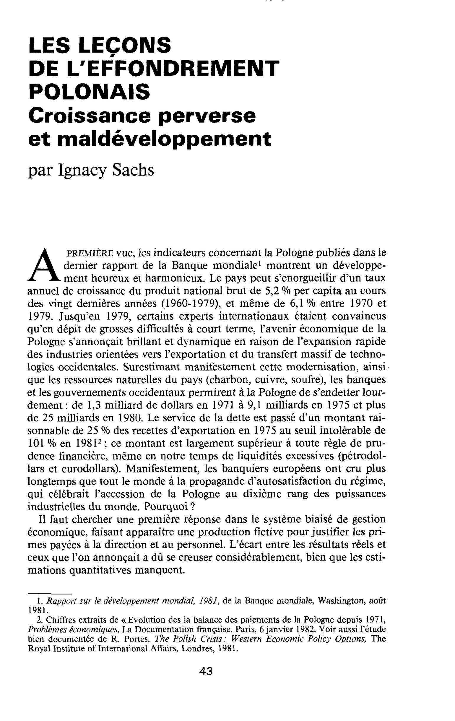 LES LEÇONS DE L’ÉFFONDREMENT POLONAIS. Croissance perverse et maldéveloppement