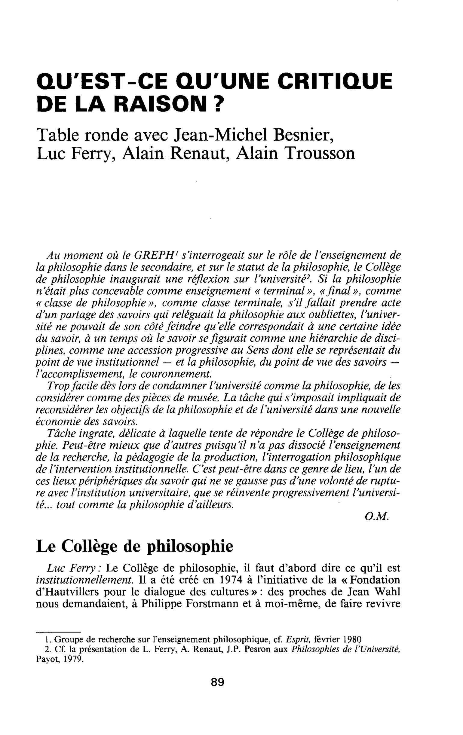 QU’EST-CE QU’UNE CRITIQUE DE LA RAISON ?