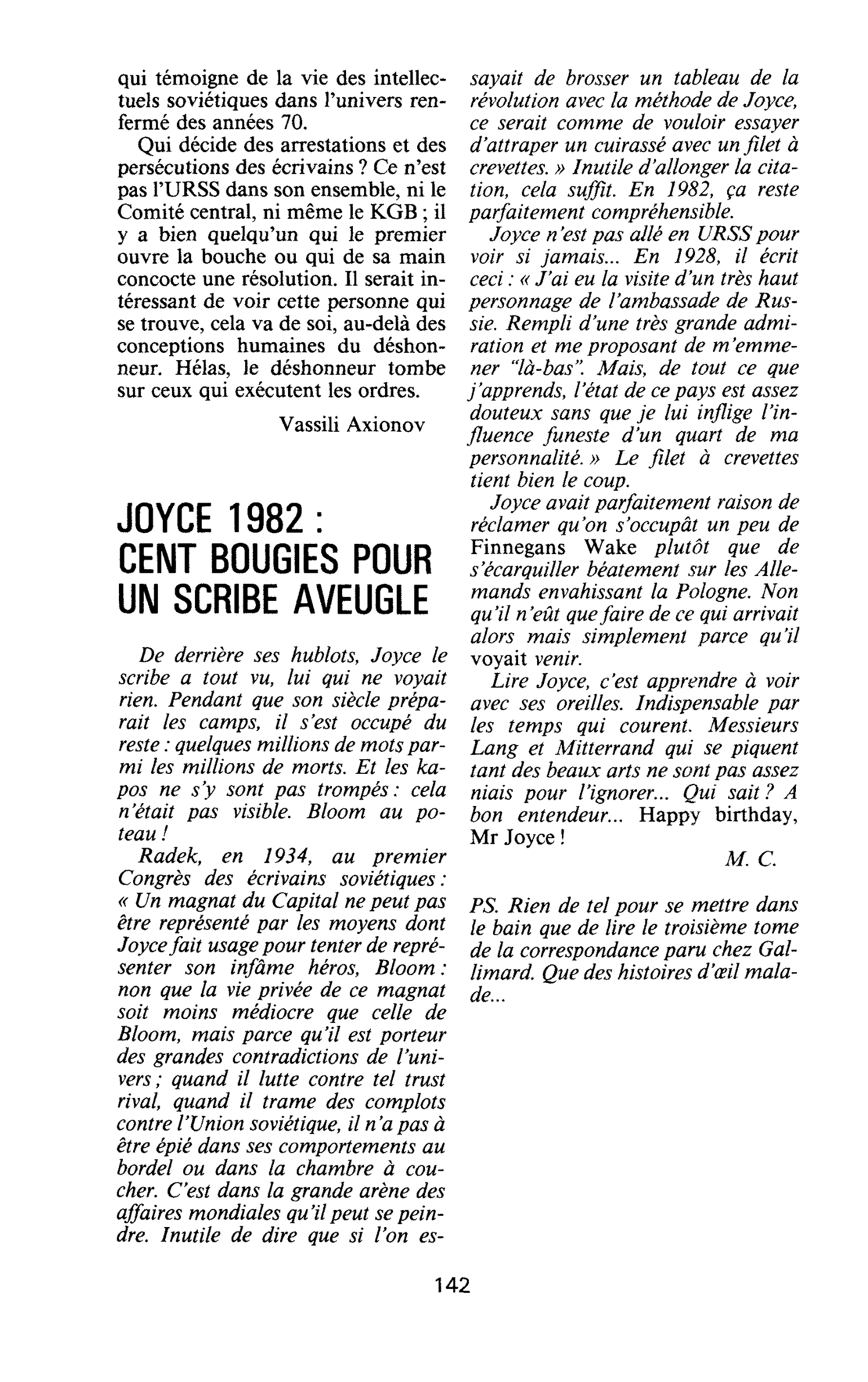 JOYCE 1982 : CENT BOUGIES POUR UN SCRIBE AVEUGLE