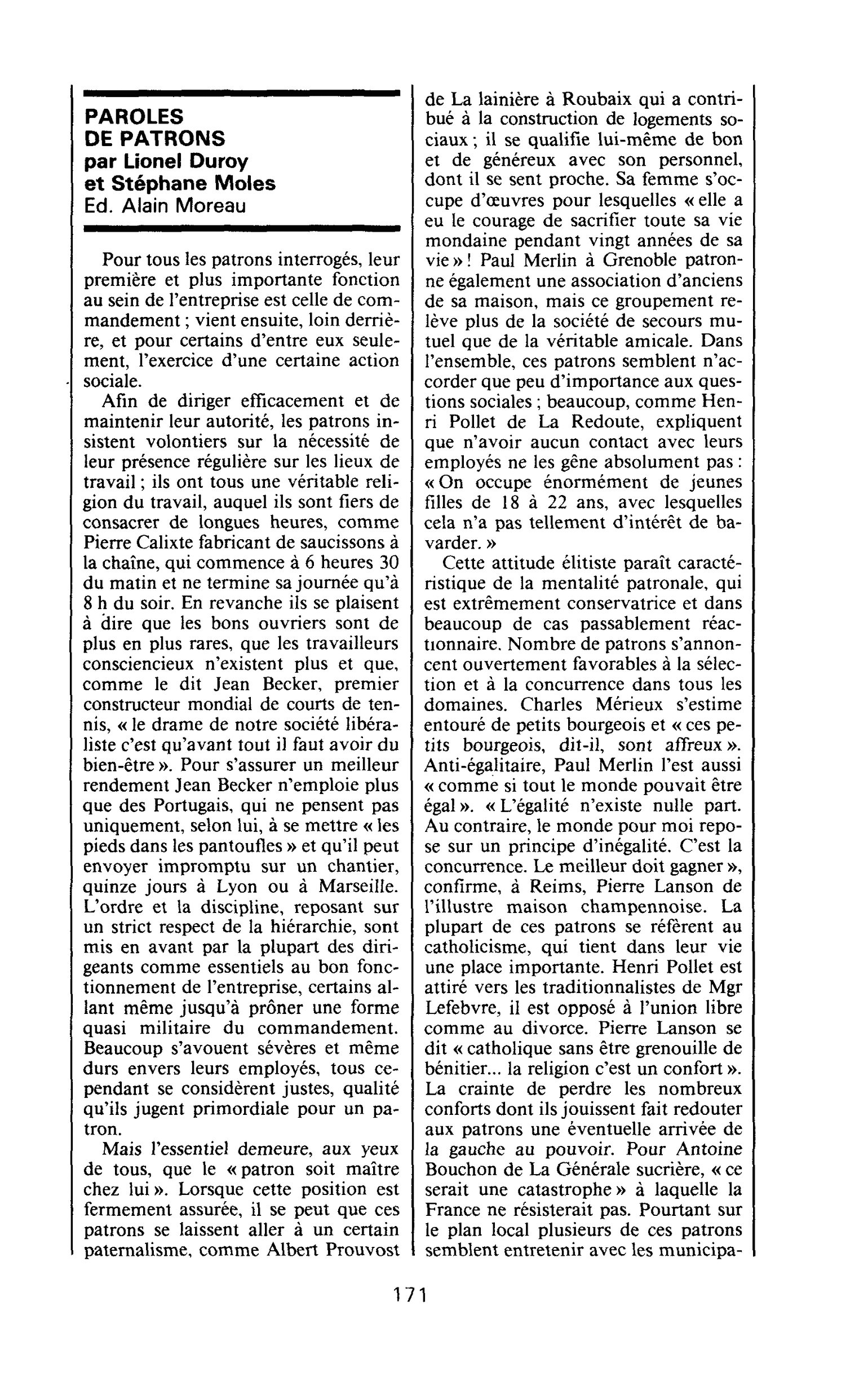 PAROLES DE PATRONS par Lionel Duroy et Stéphane Moles