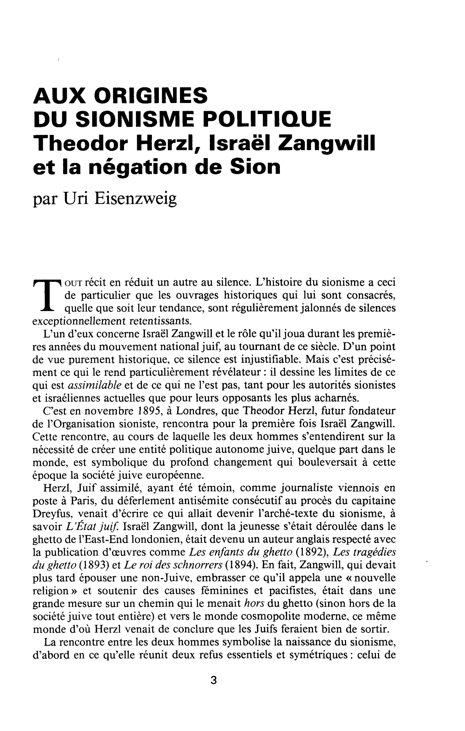 AUX ORIGINES DU SIONISME POLITIQUE. Theodor Herzl, Israël Zangwill et la négation de Sion