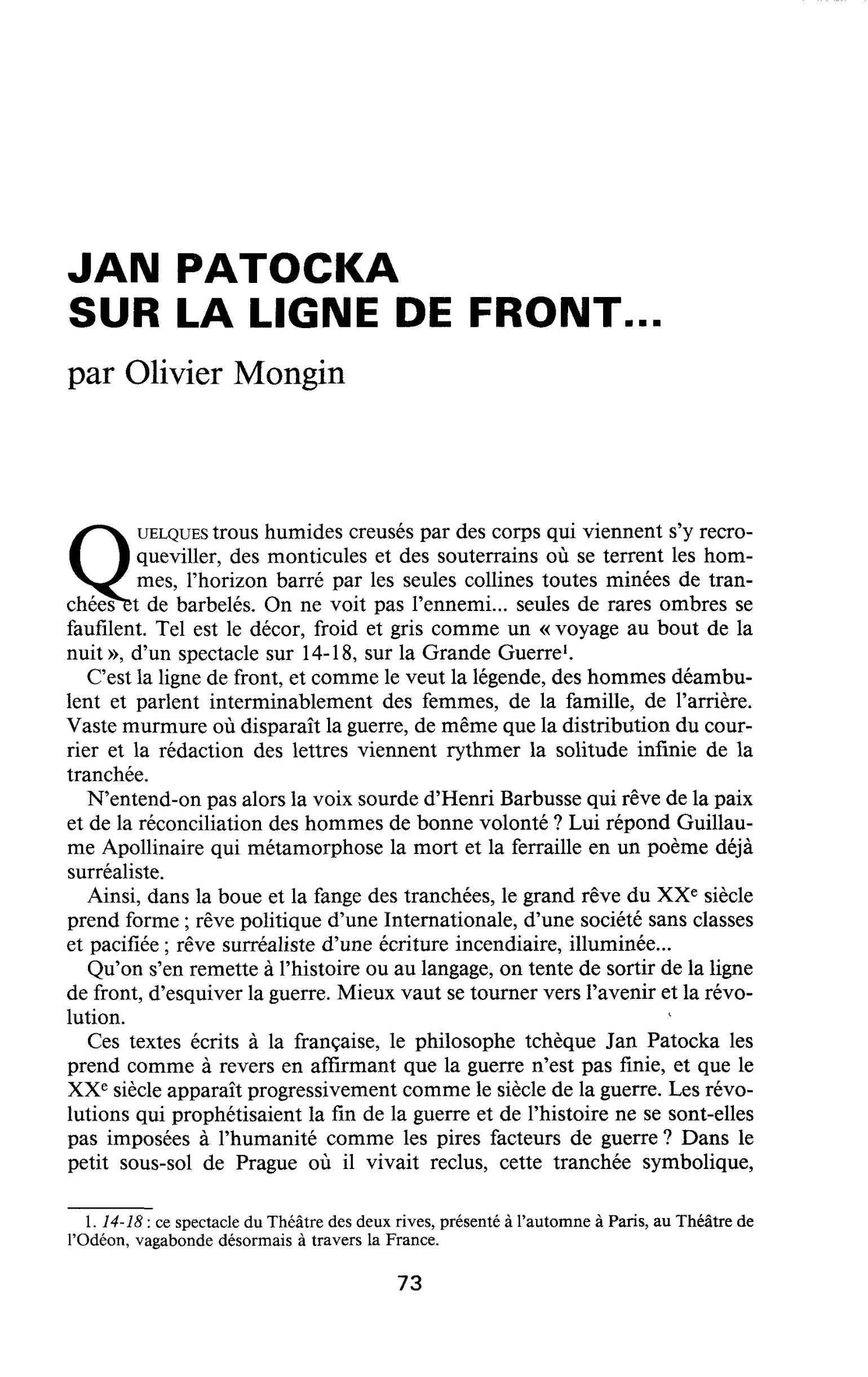 JAN PATOCKA SUR LA LIGNE DE FRONT