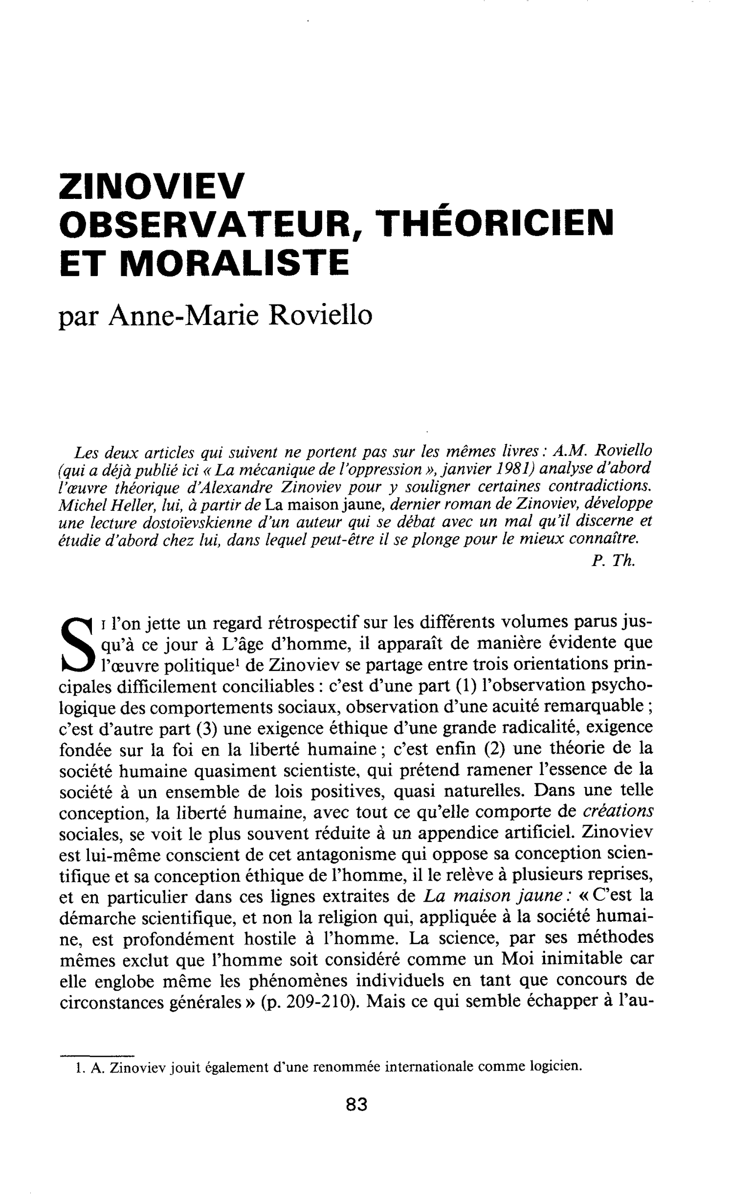 ZINOVIEV OBSERVATEUR, THÉORICIEN ET MORALISTE