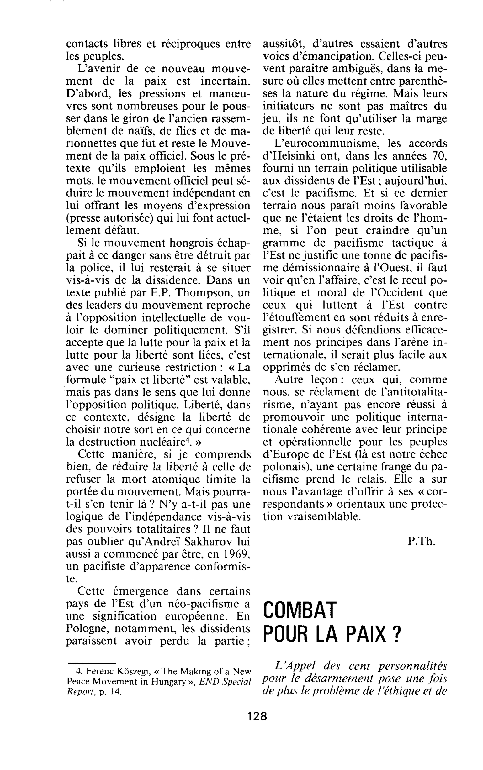 COMBAT POUR LA PAIX ?