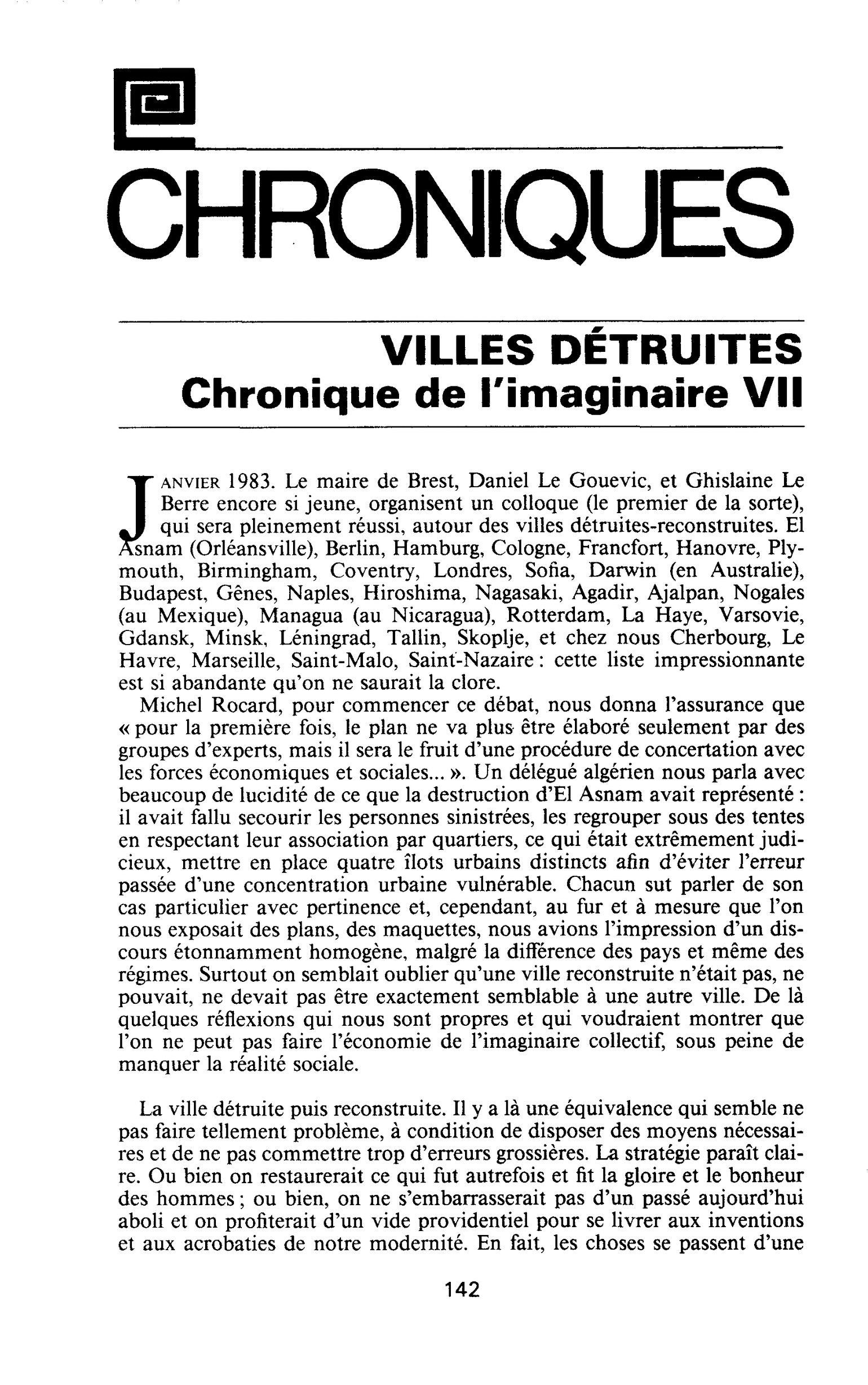 VILLES DÉTRUITES. Chronique de l’imaginaire VII
