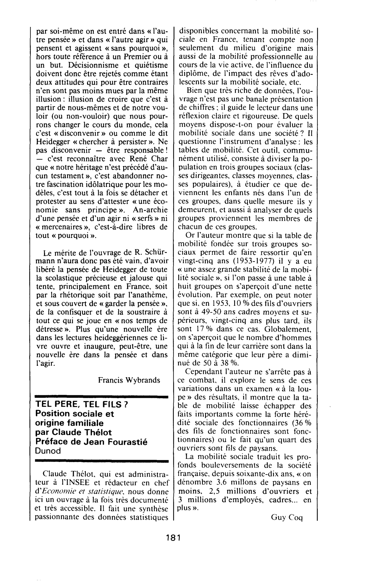 TEL PERE, TEL FILS ? Position sociale et origine familiale par Claude Thélot