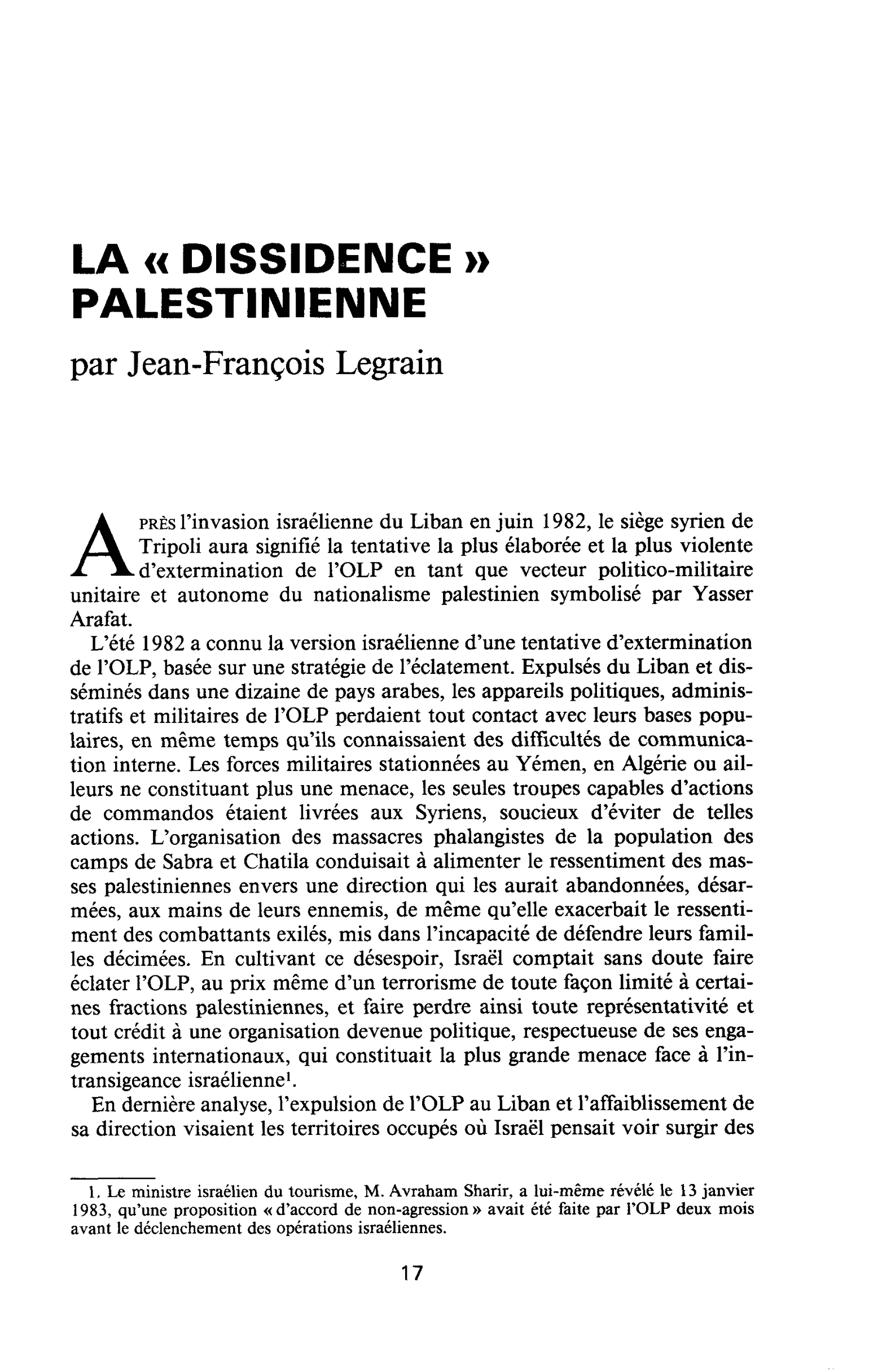 LA « DISSIDENCE » PALESTINIENNE