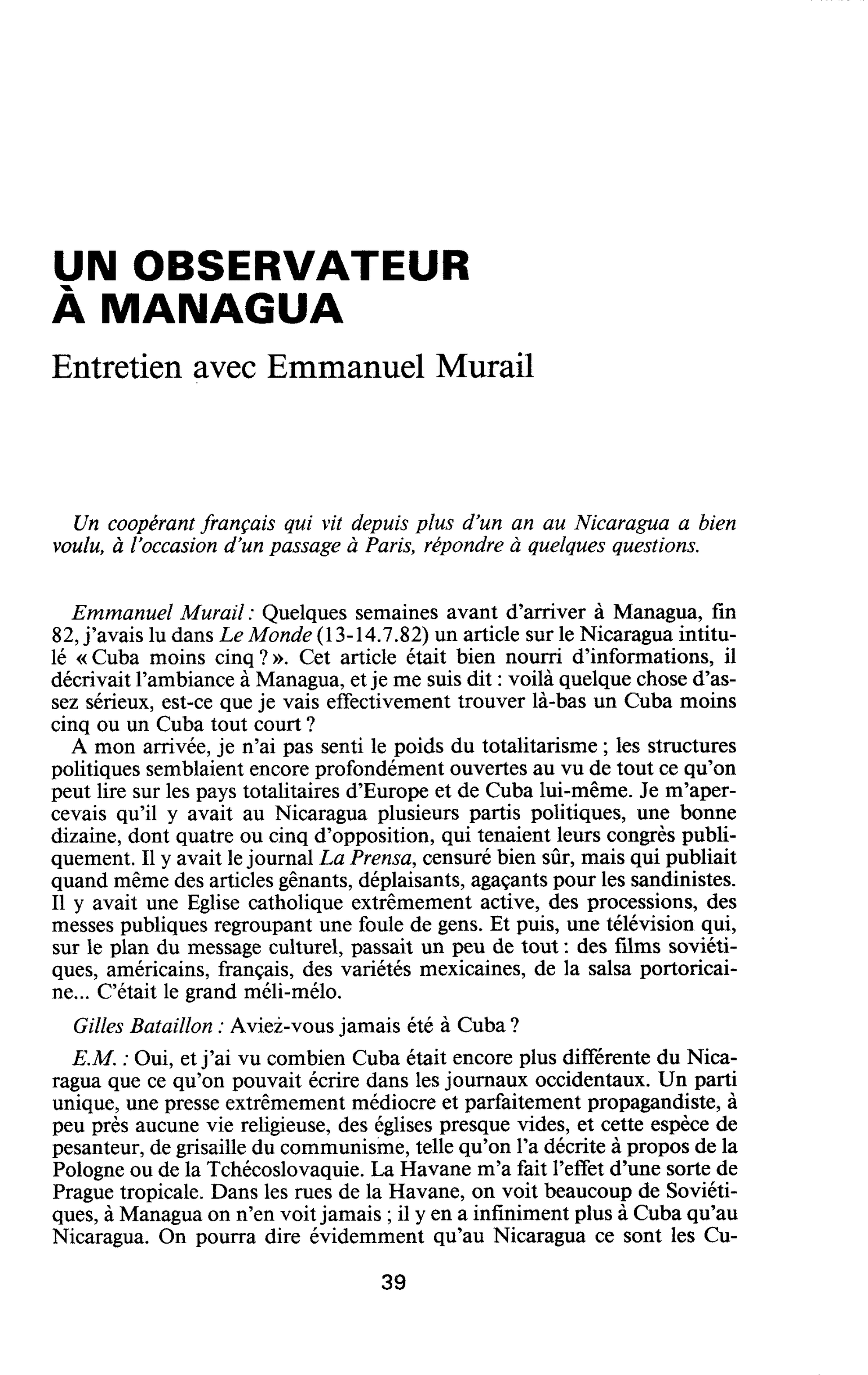 UN OBSERVATEUR À MANAGUA. Entretien avec Emmanuel Murail