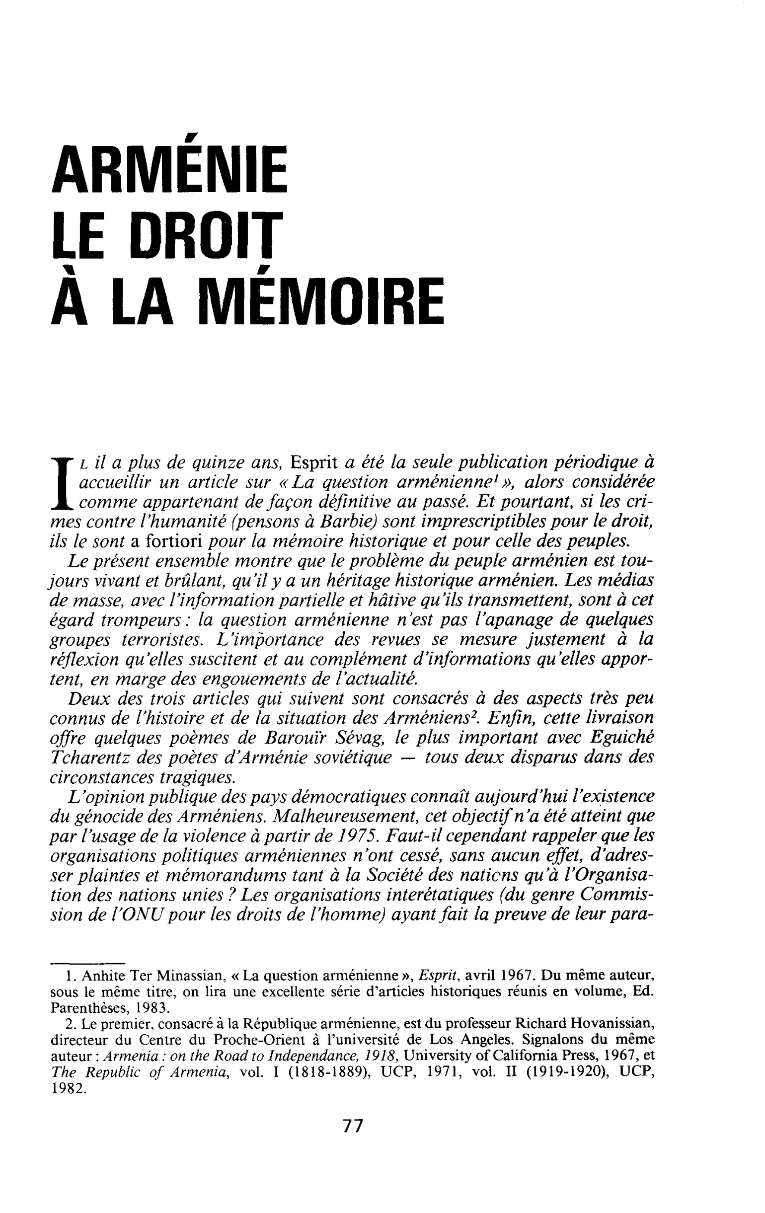 ARMÉNIE LE DROIT À LA MÉMOIRE