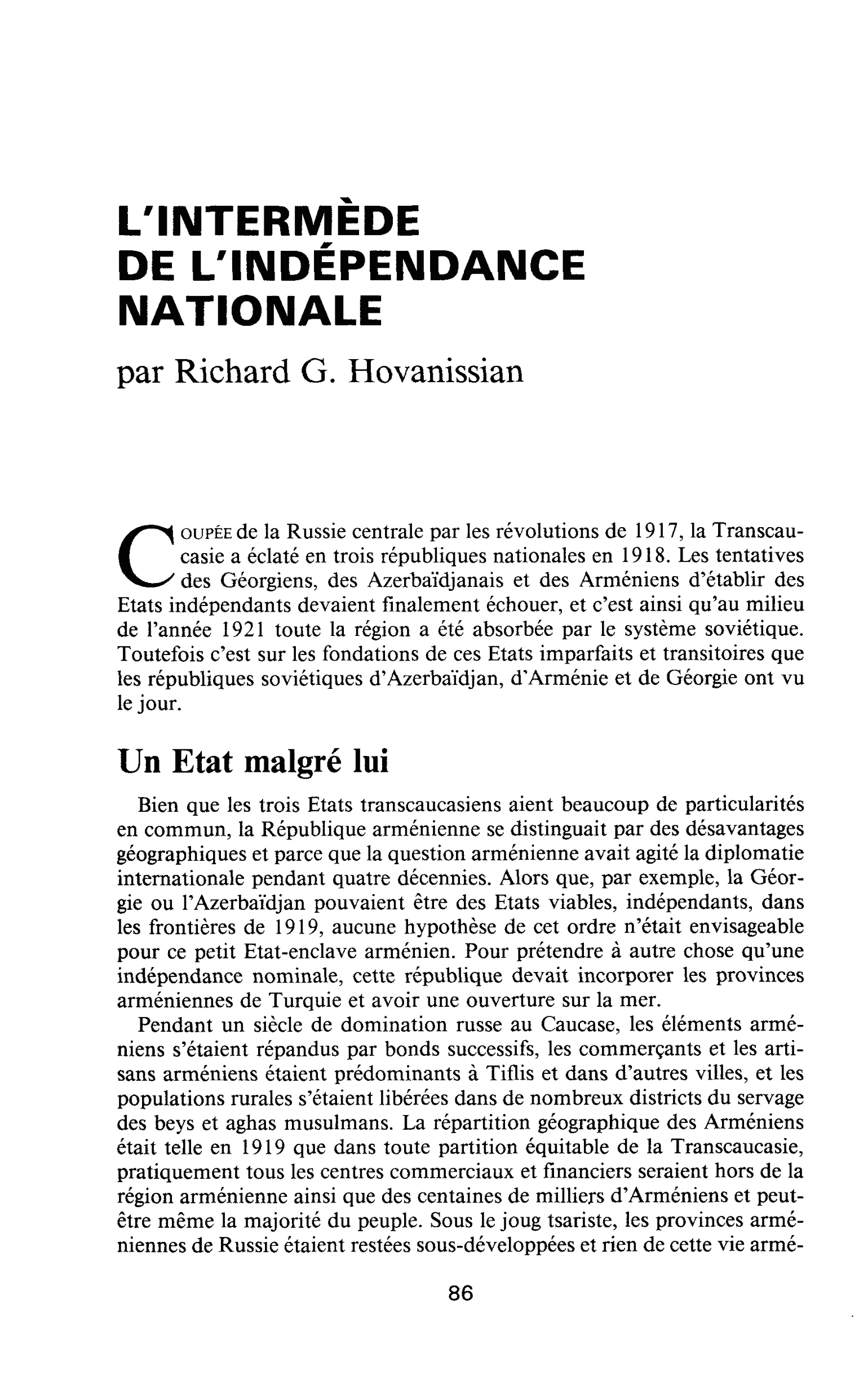 L’INTERMÈDE DE L’INDÉPENDANCE NATIONALE