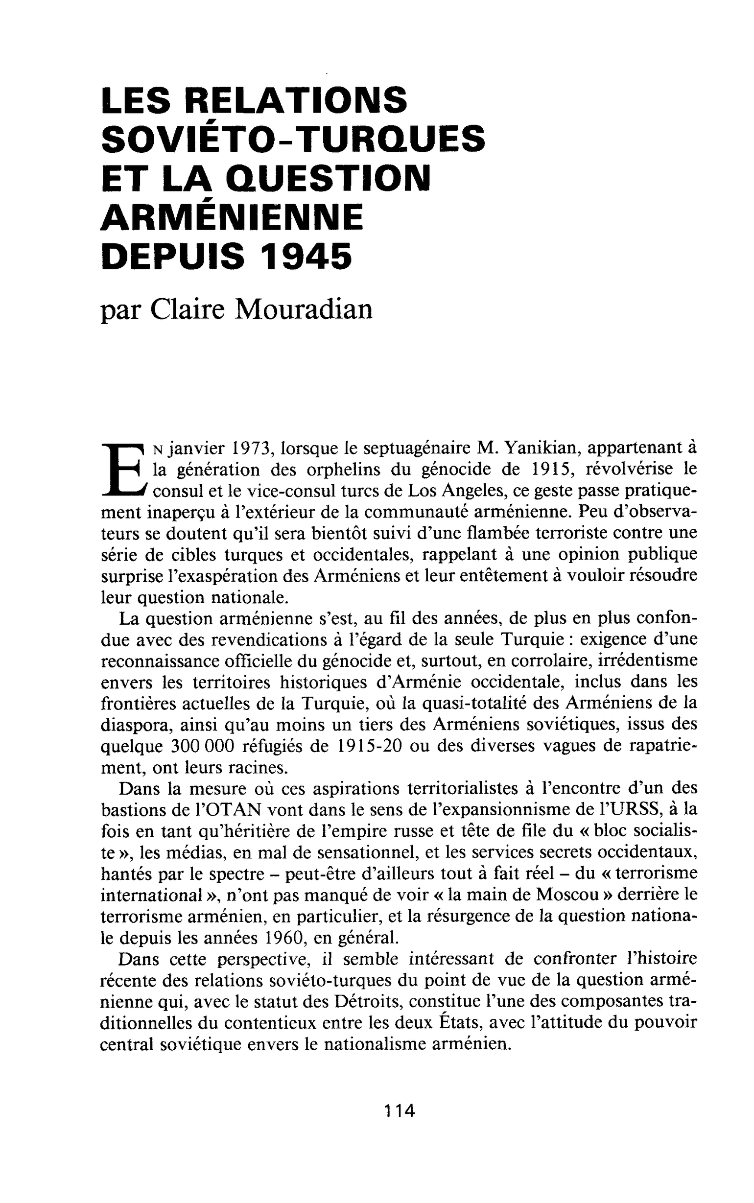 LES RELATIONS SOVIÉTO-TURQUES ET LA QUESTION ARMÉNIENNE DEPUIS 1945
