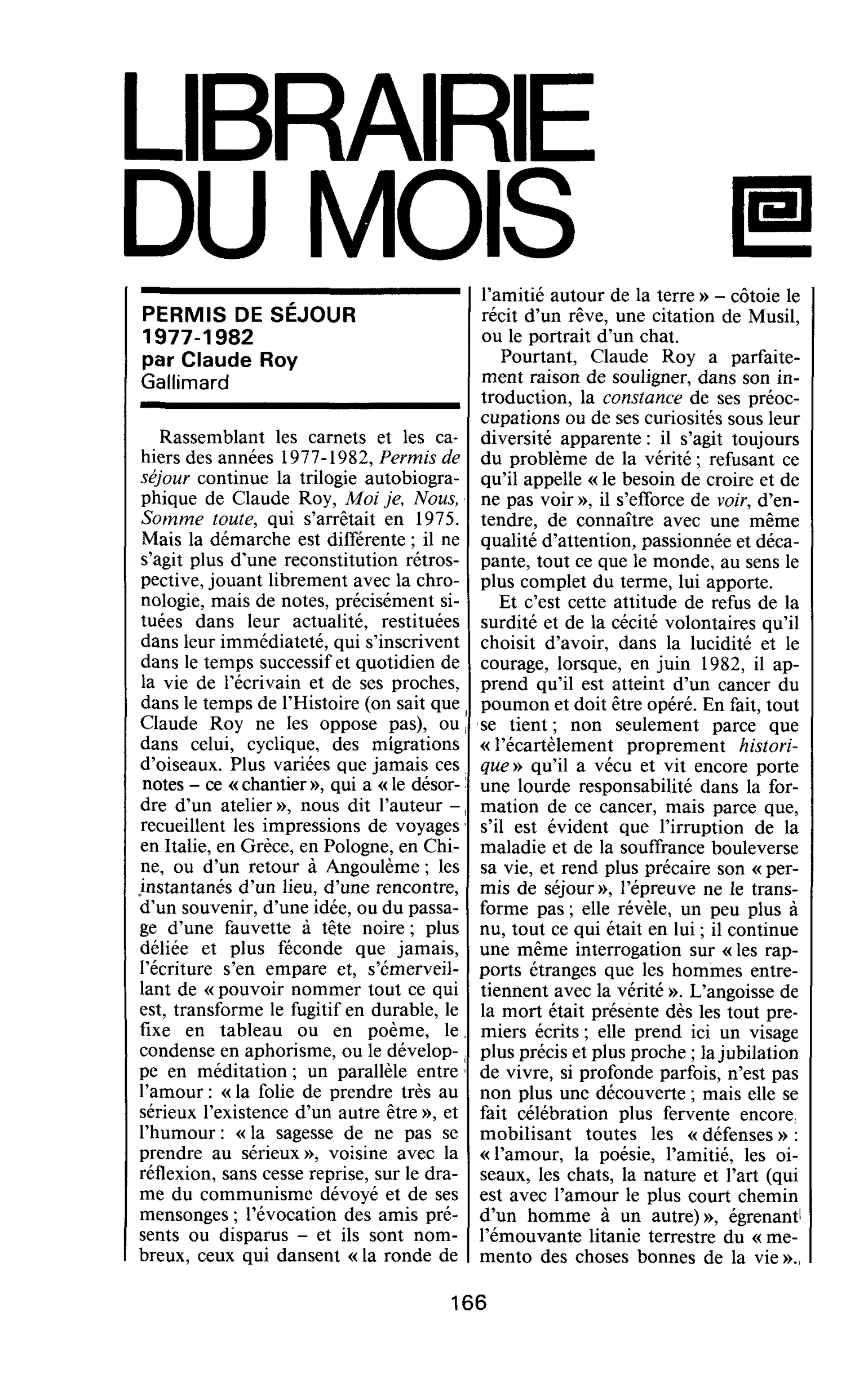 PERMIS DE SÉJOUR 1977-1982 par Claude Roy