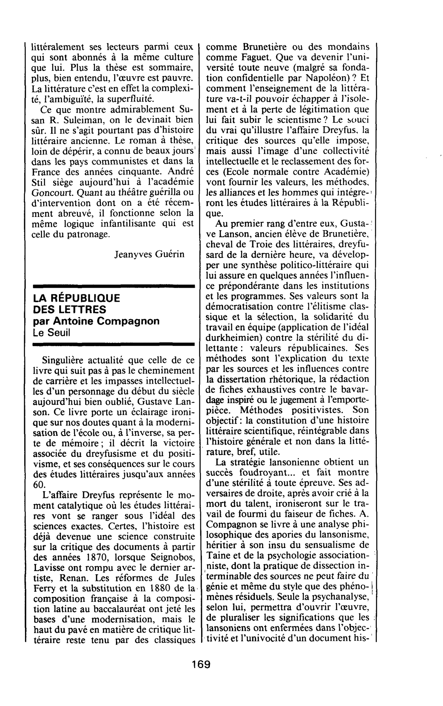 LA RÉPUBLIQUE DES LETTRES par Antoine Compagnon