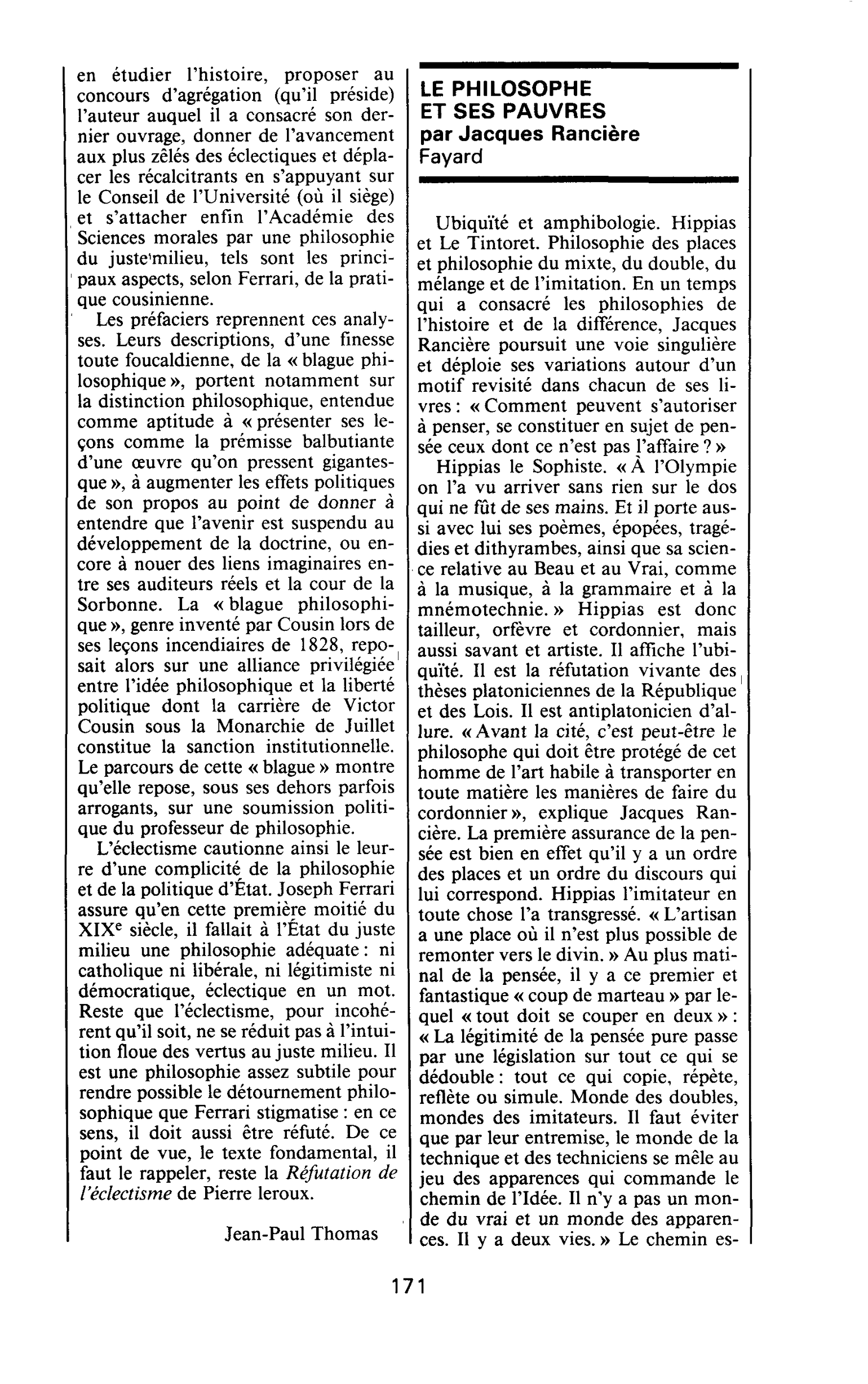 LE PHILOSOPHE ET SES PAUVRES par Jacques Rancière