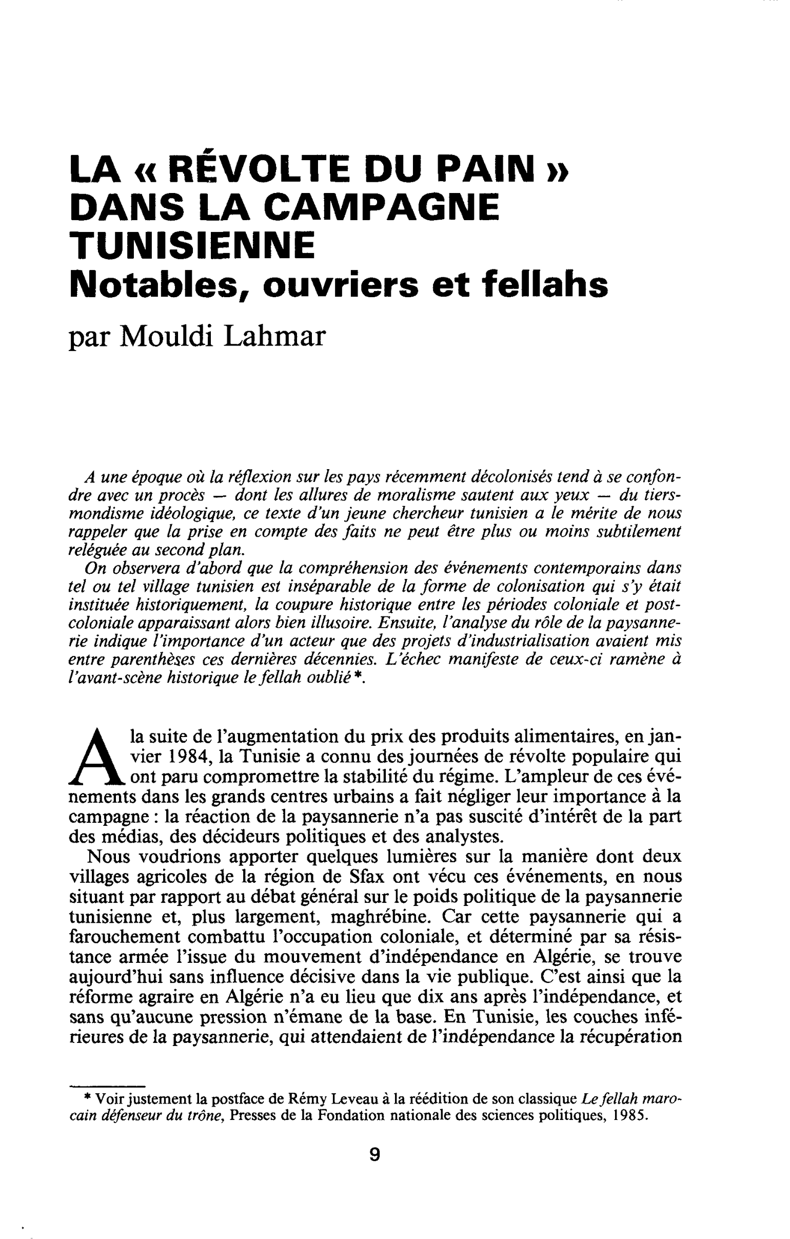 LA « RÉVOLTE DU PAIN ». DANS LA CAMPAGNE TUNISIENNE. Notables, ouvriers et fellahs