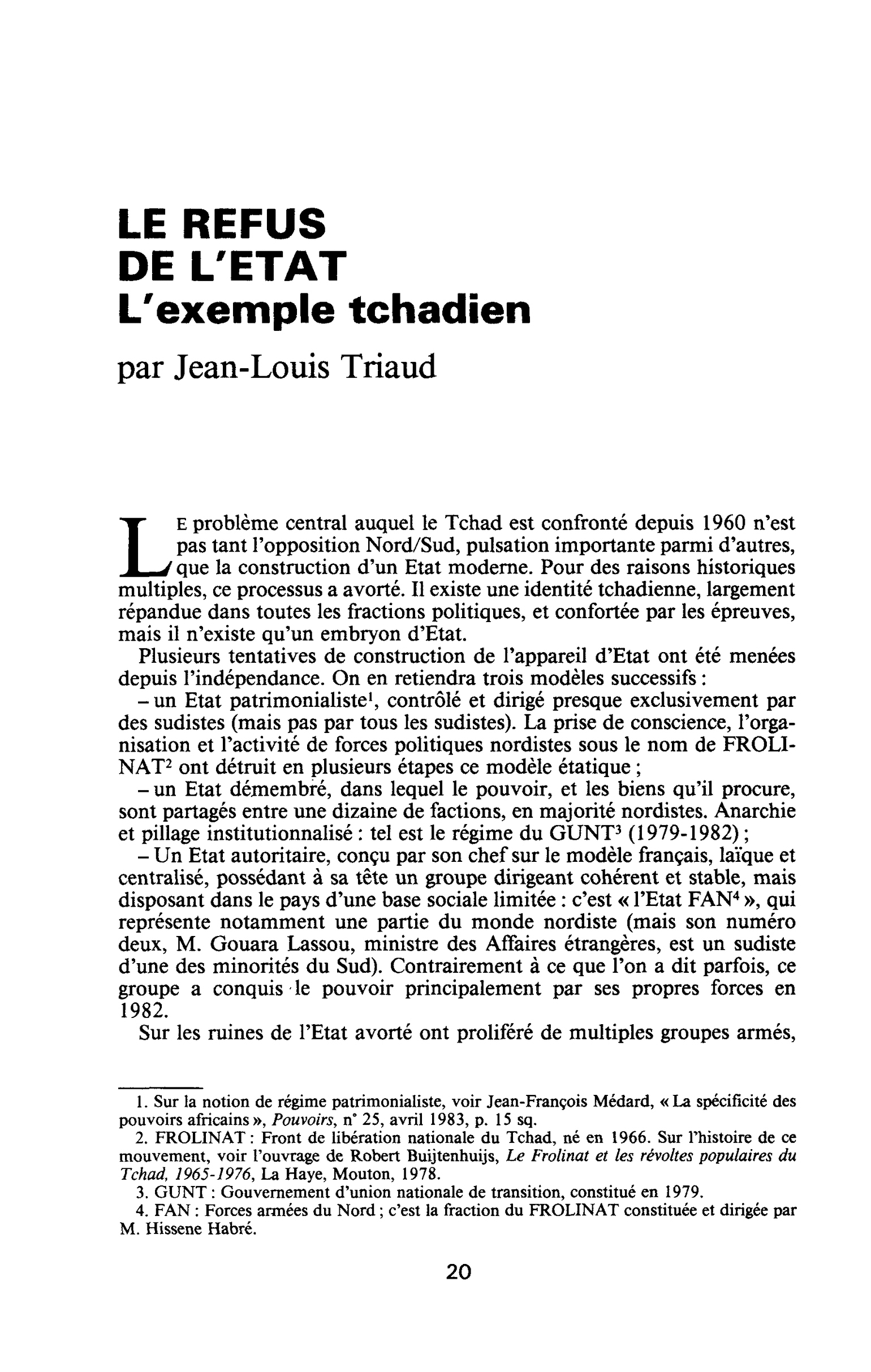 LE REFUS DE L’ETAT. L’exemple tchadien