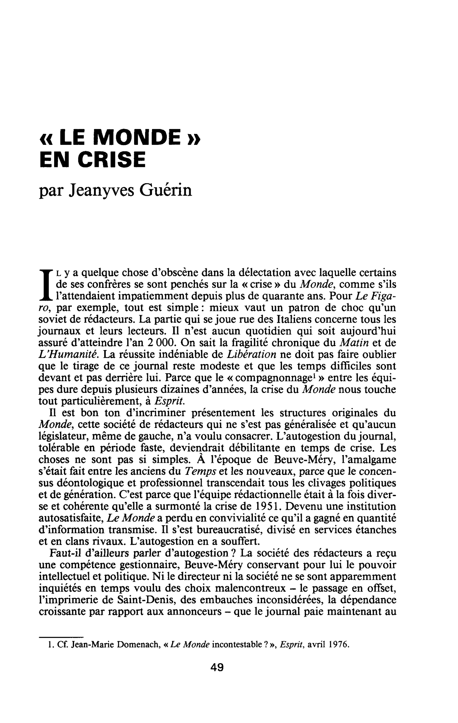 « LE MONDE » EN CRISE