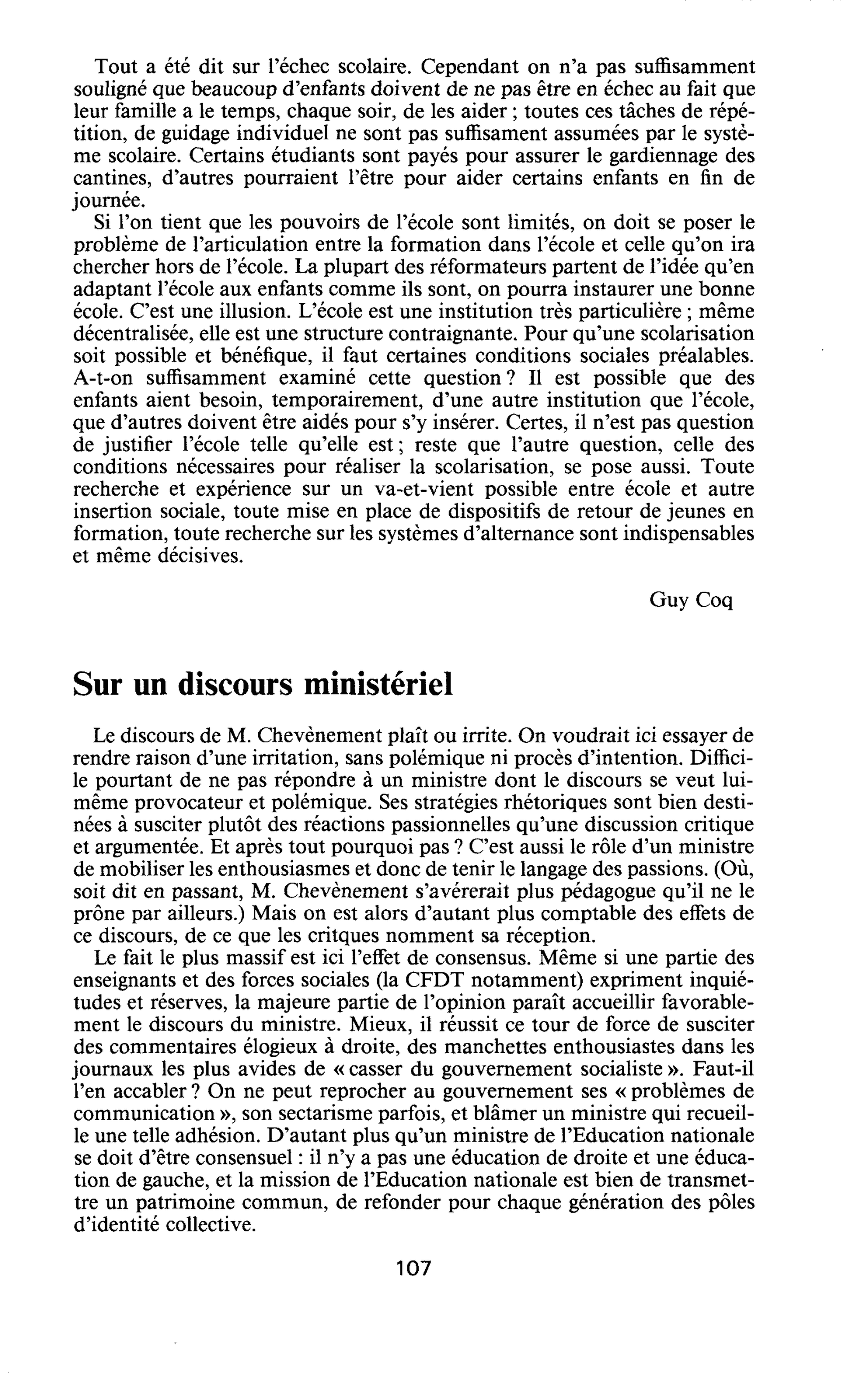 CHEVÈNEMENT RESTAURE L’ÉCOLE ? : Sur un discours ministériel