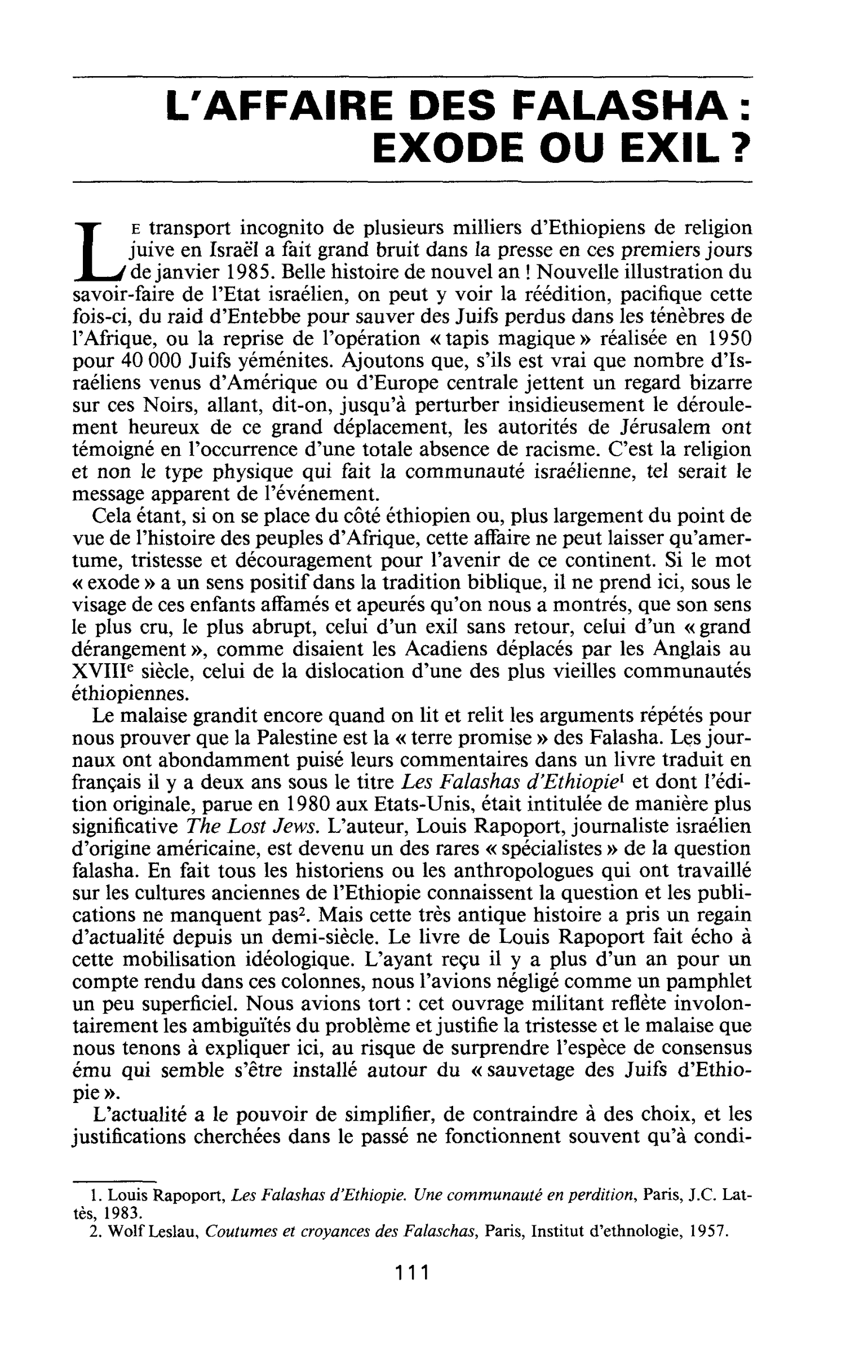 L’AFFAIRE DES FALASHA : EXODE OU EXIL ?