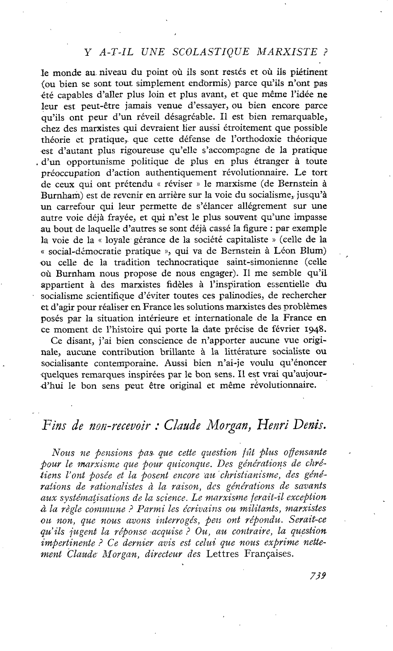 Y a-t-il une scolastique marxiste ? (Enquête) : Fins de non-recevoir : Claude Morgan, Henri Denis