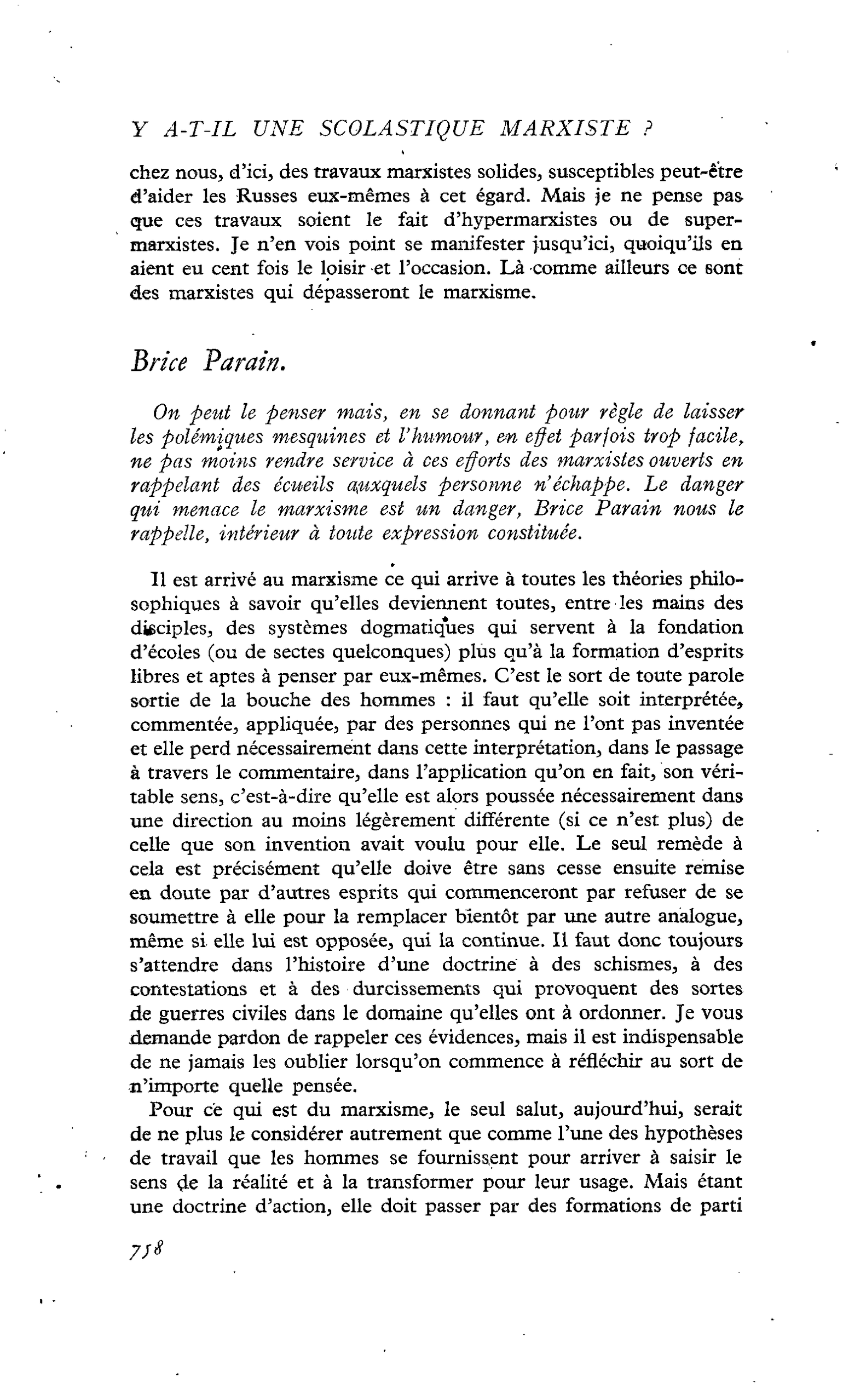 Y a-t-il une scolastique marxiste ? (Enquête) : Brice Parain