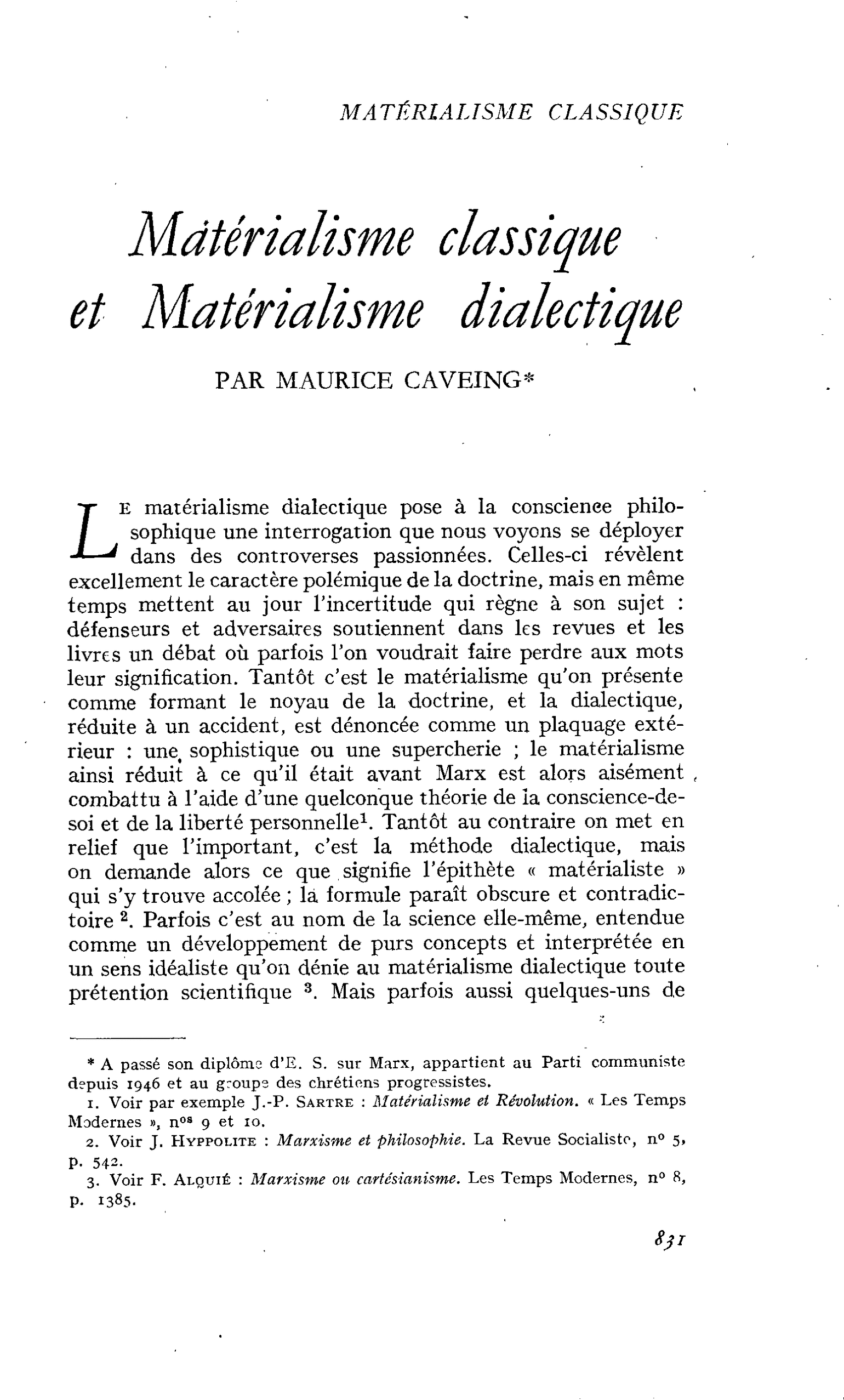 Matérialisme classique et Matérialisme dialectique