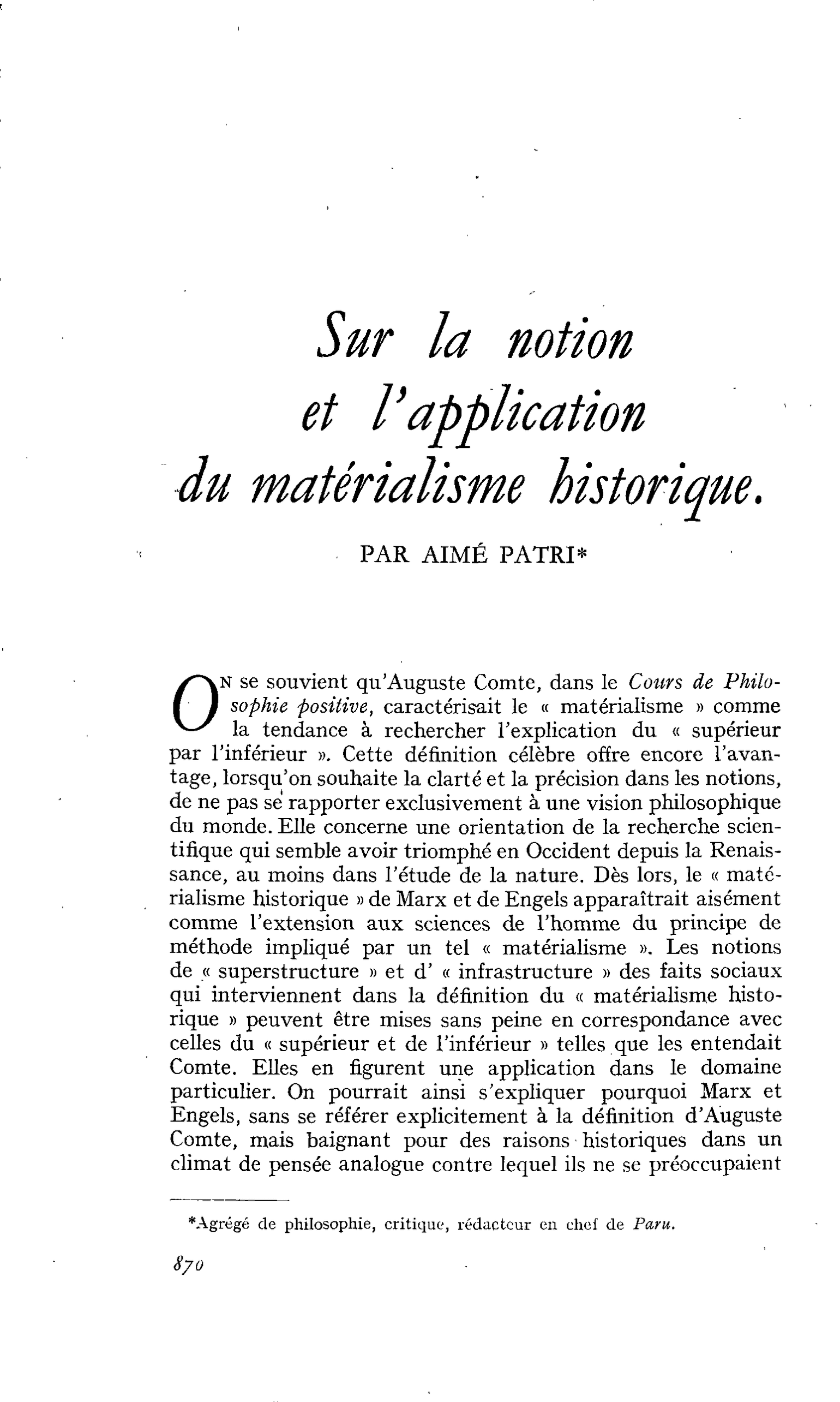 Sur la notion et l’application du matérialisme historique