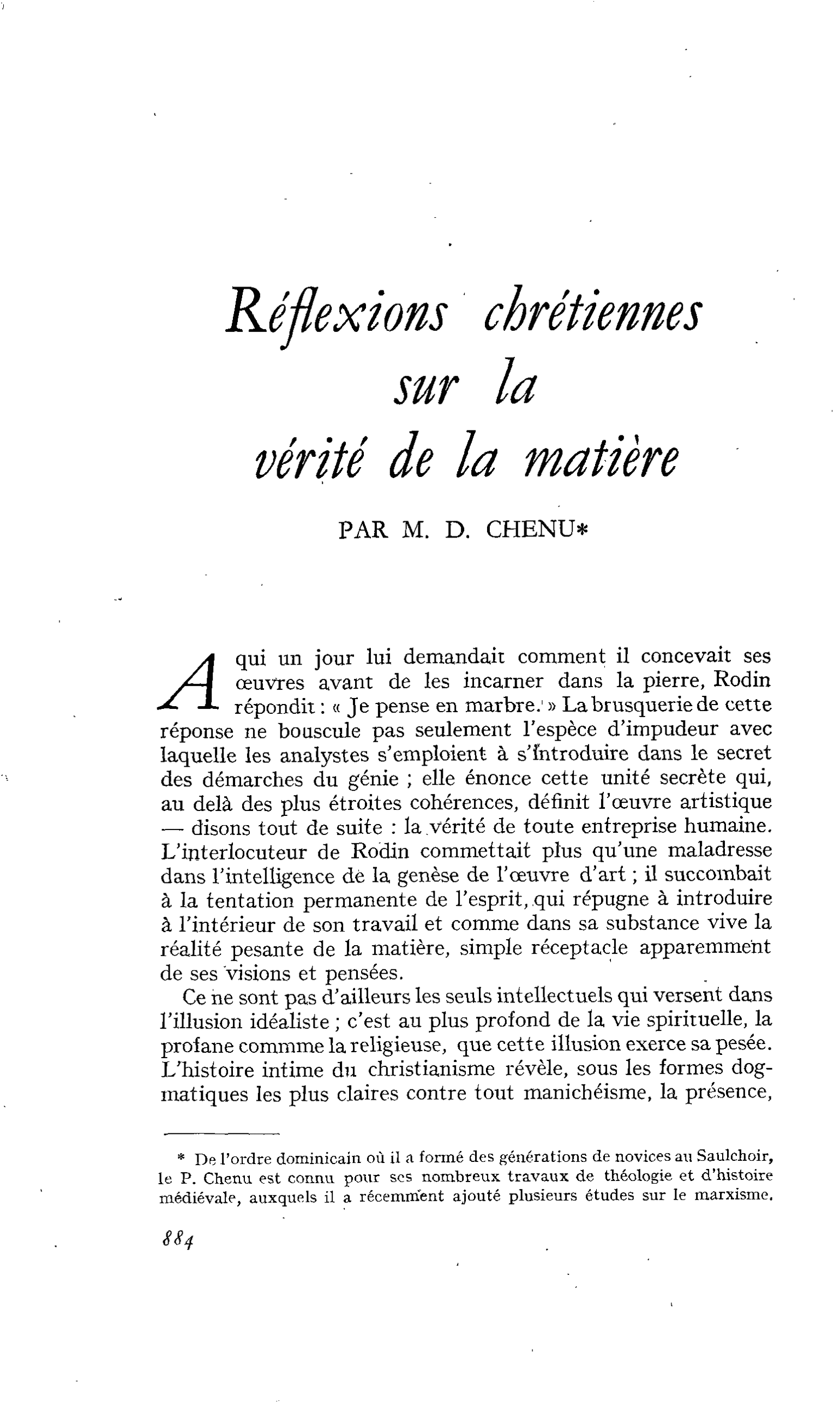 Réflexions chrétiennes sur la vérité de la matière