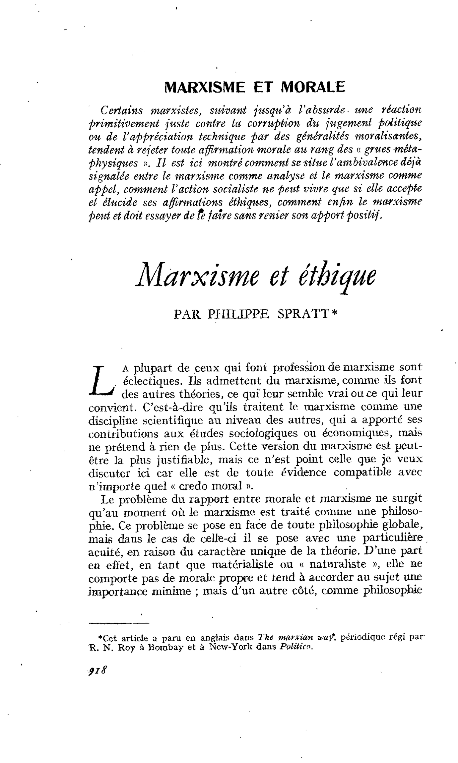 MARXISME ET MORALE